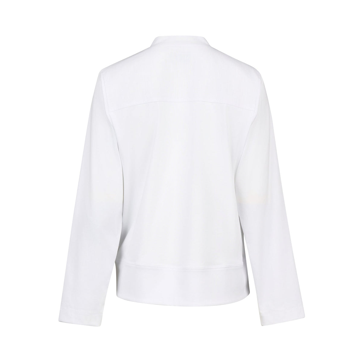 Back view of the Vassalli Zip Up Jacket - White, featuring a collar, upper back and hem seam detailing, and subtle stretch panels, shown on a white background.