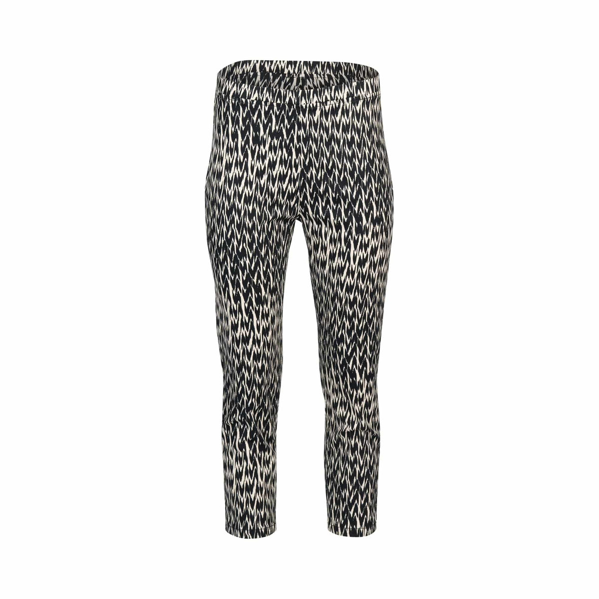 The Vassalli Harbour 7/8 Pant - Beau features a black and white abstract zigzag pattern, slim skinny leg cut, and stretch fabric, shown against a plain white background.