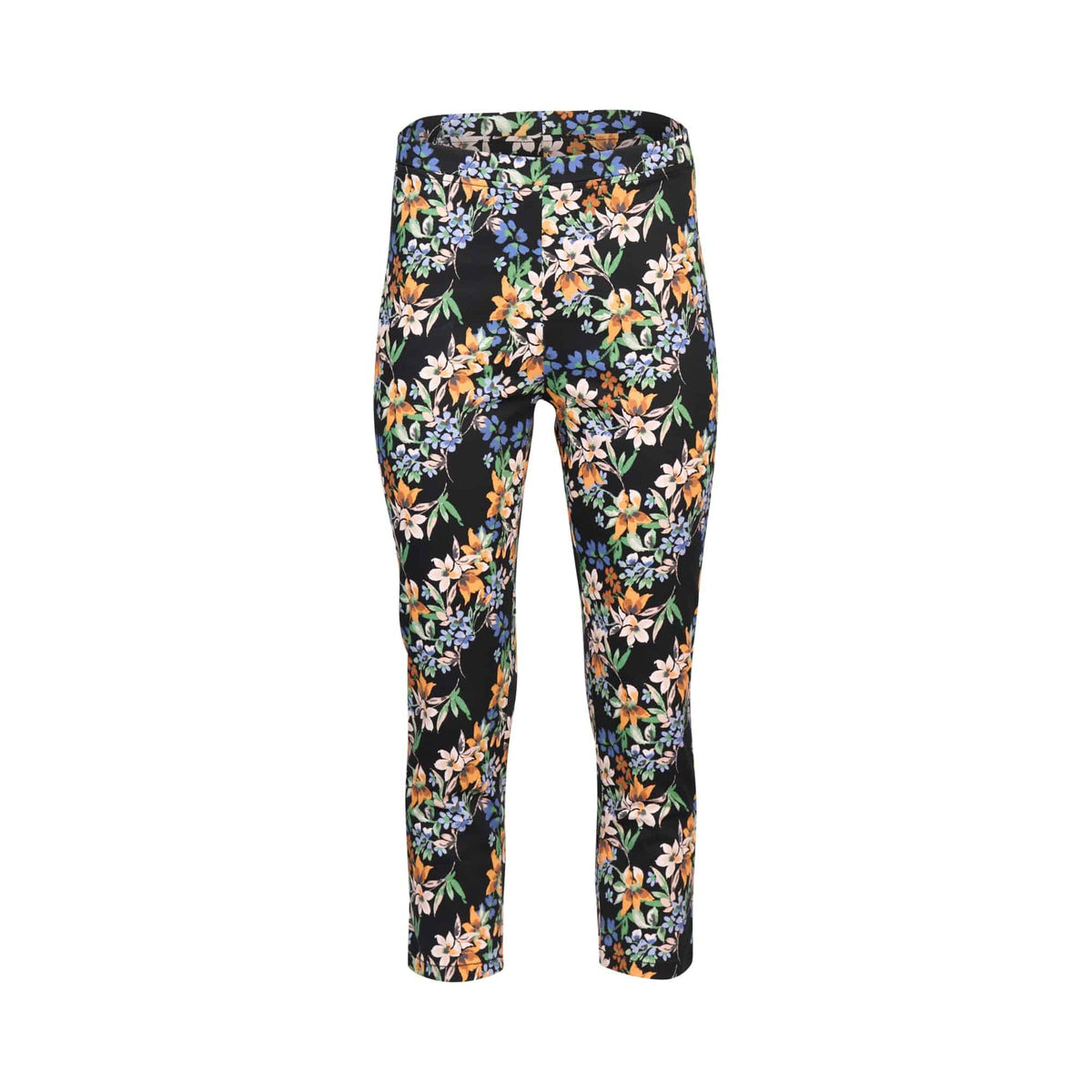 The Vassalli Harbour 7/8 Pant - Grove is a high-waisted, ankle-length pull-on style with a vibrant yellow, white, and blue floral print on black stretch fabric, shown against a plain white background.