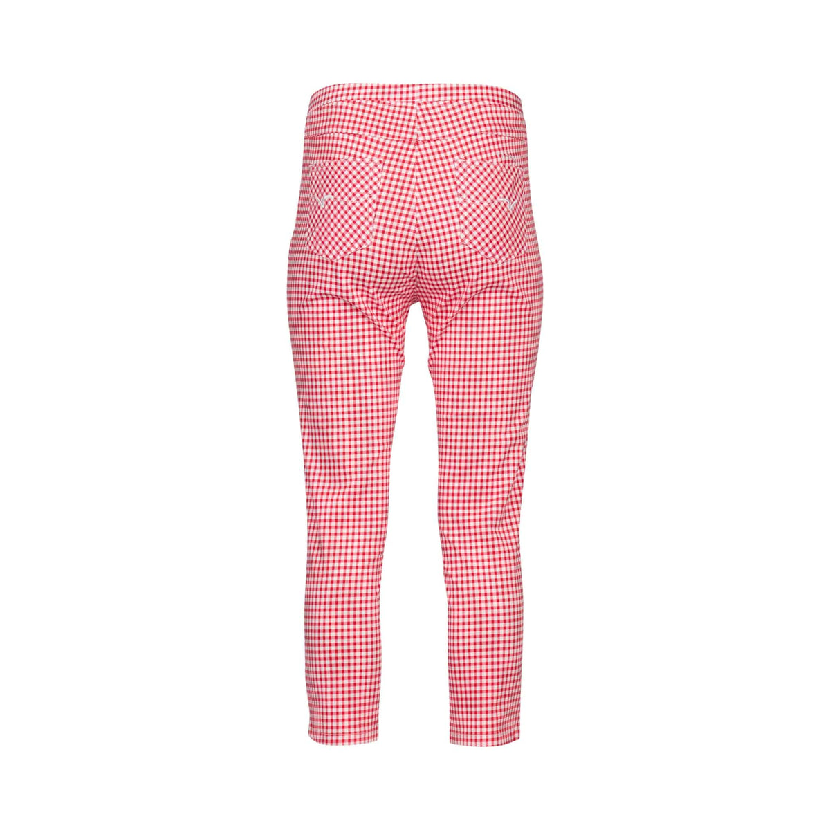 The Vassalli Harbour 7/8 Pant in red gingham is shown from the back, featuring a fitted, skinny cropped style in stretch fabric against a plain white background.