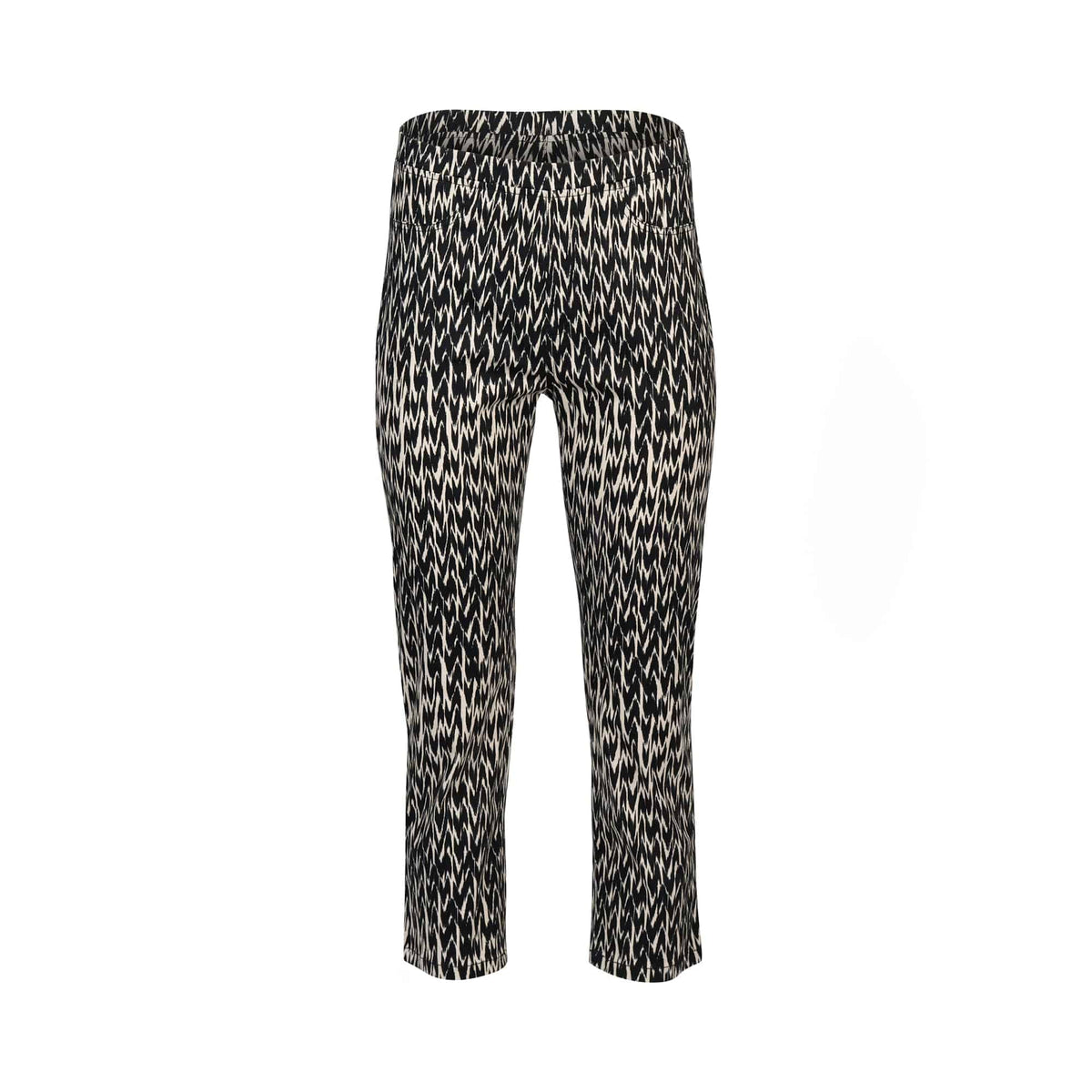 The Vassalli Sierra 7/8 Pant - Beau features a black and white zigzag print, pull-on style, fitted waist, and slim 7/8 length in stretch fabric, shown against a white background.