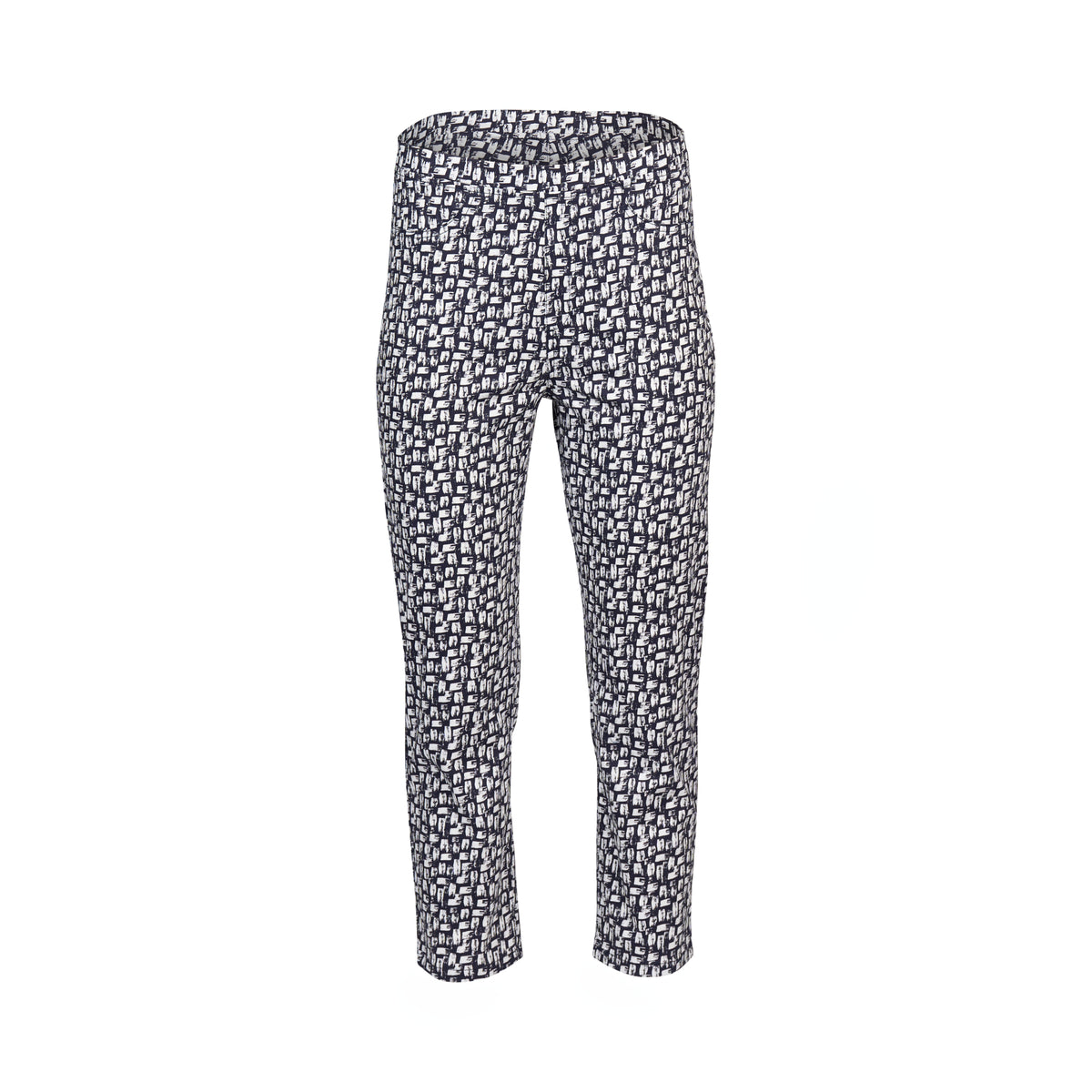 The Vassalli Sierra 7/8 Pant - Cove features a black and white pattern, high waist, straight legs, and stretch fabric. Displayed on a plain white background.