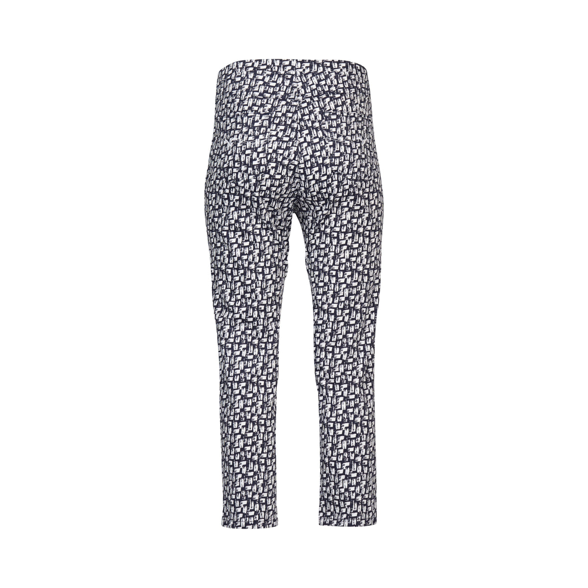 Back view of Vassalli's Sierra 7/8 Pant - Cove, a high-waisted, pull-on slim fit style with a black and white abstract geometric print, made from comfortable stretch fabric and shown on a plain white background.