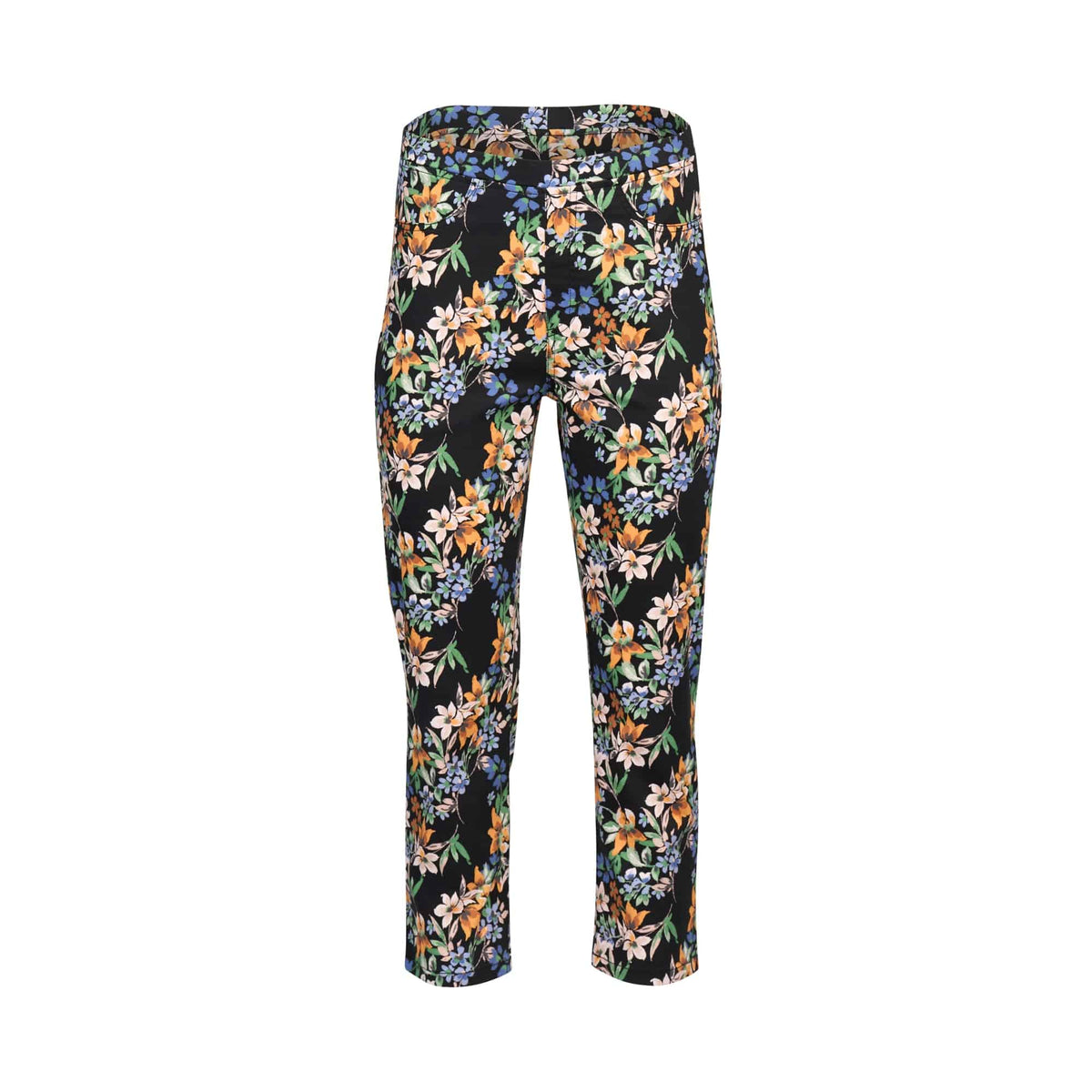 The Vassalli Sierra 7/8 Pant - Grove is a pair of cropped, high-waisted stretch cotton pants with a vibrant floral pattern in orange, yellow, blue, and green on black, shown against a white background.