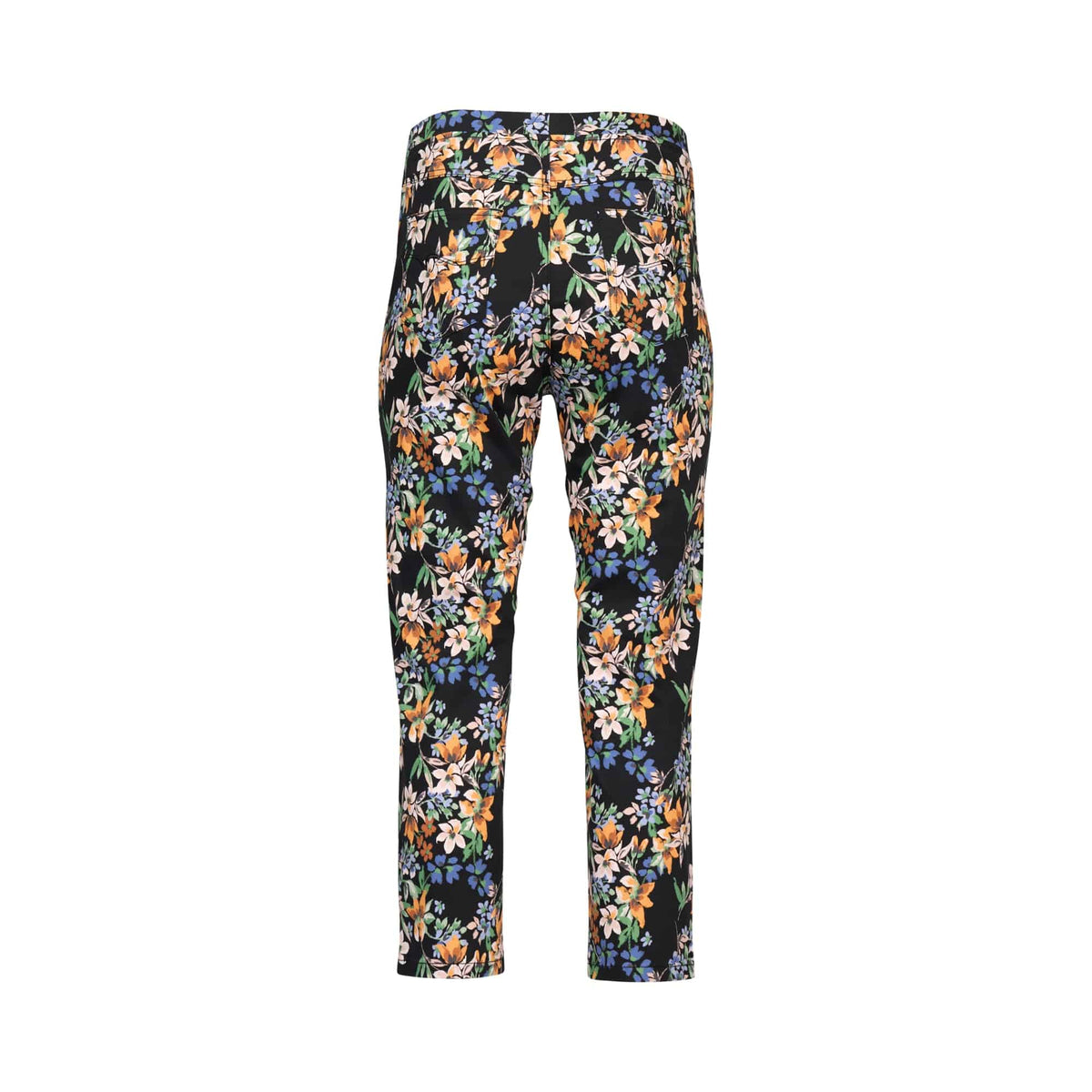 Back view of Vassalli's Sierra 7/8 Pant - Grove, showcasing slim pull-on pants with a colorful floral print of orange, purple, and white flowers on a black background.