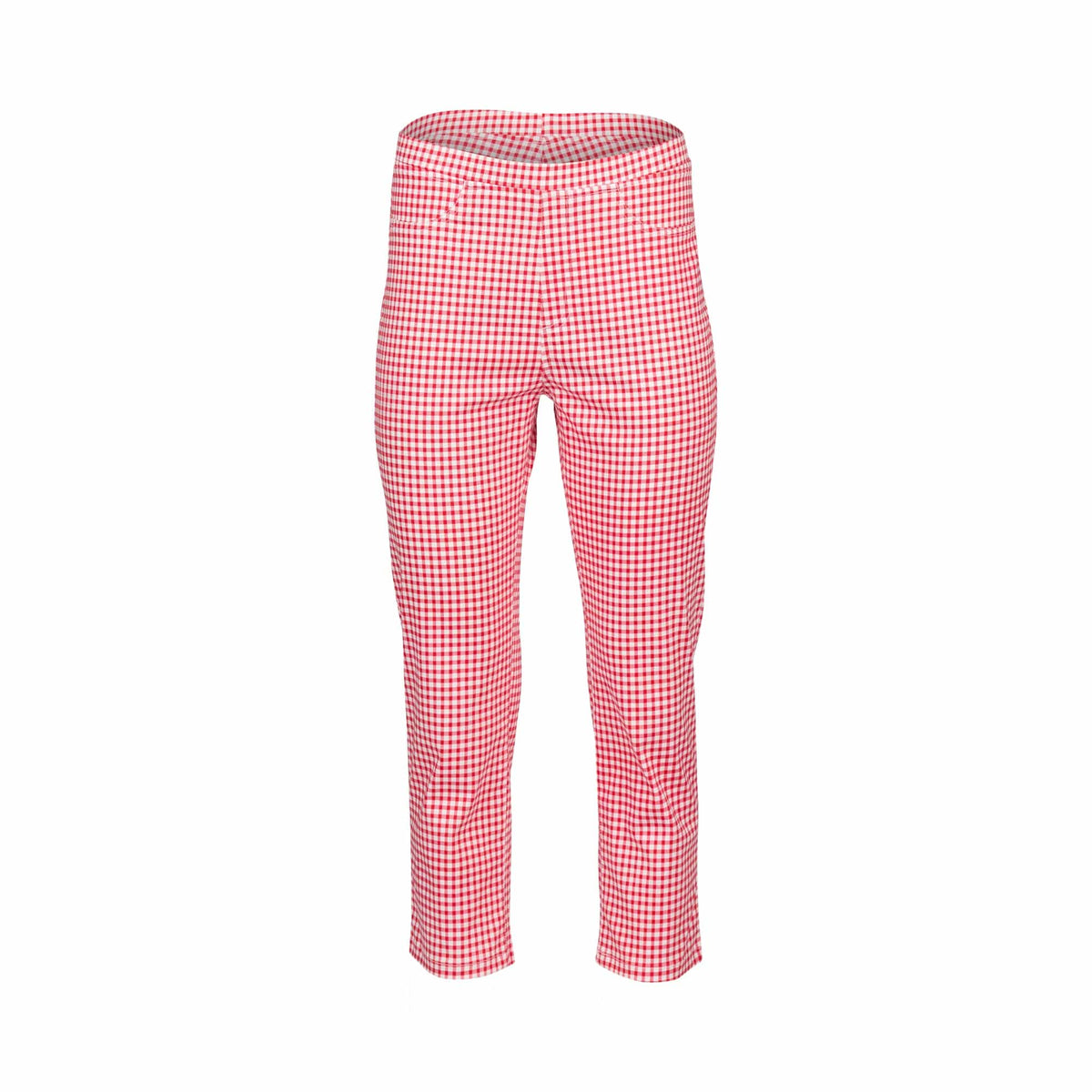The Vassalli Sierra 7/8 Pant in red gingham is a slim pull-on style made from stretch cotton for comfort, featuring a cropped 7/8 length and shown on a white background.