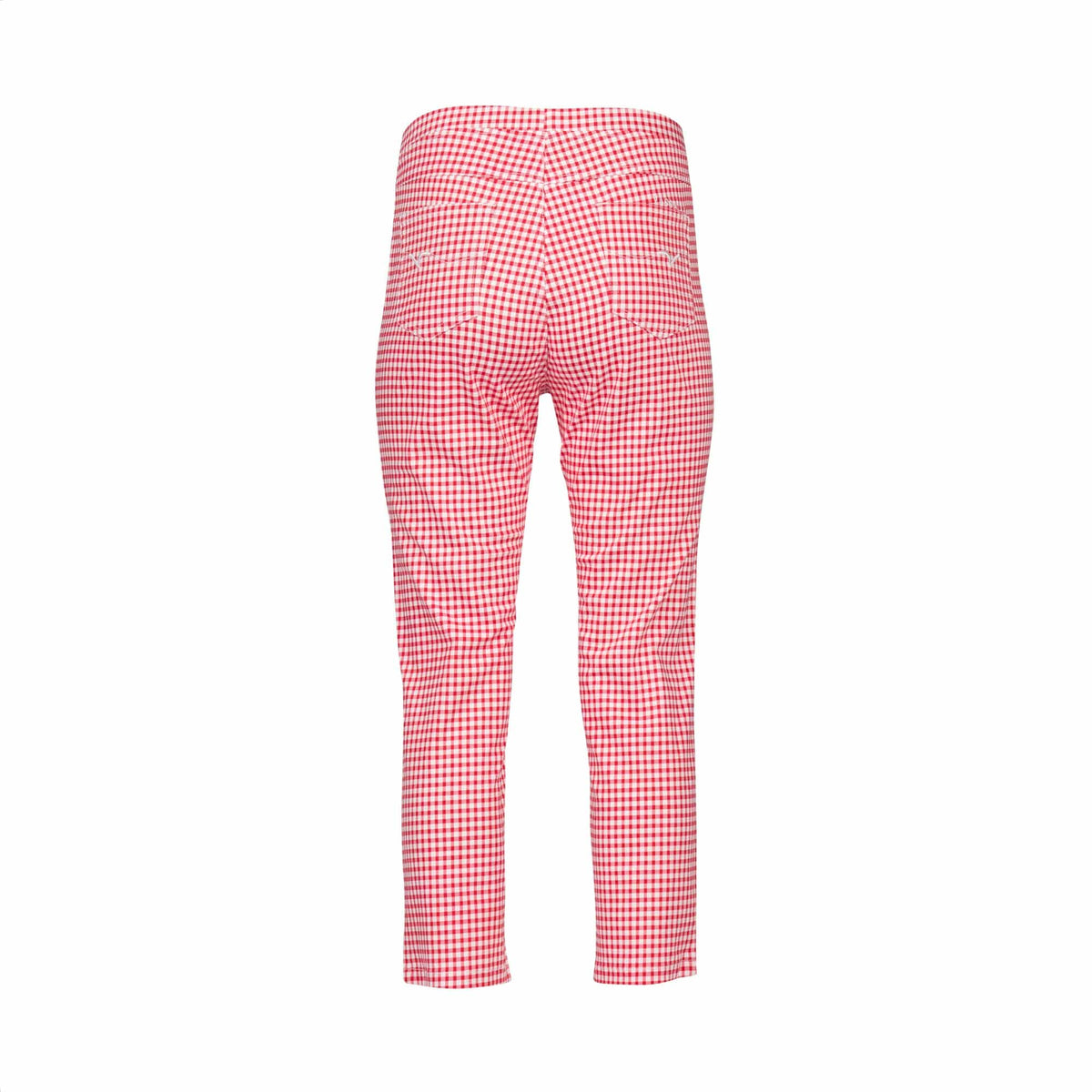 Back view of Vassalli's Sierra 7/8 Pant in red gingham, crafted from stretch cotton for comfort, shown on a plain white background.