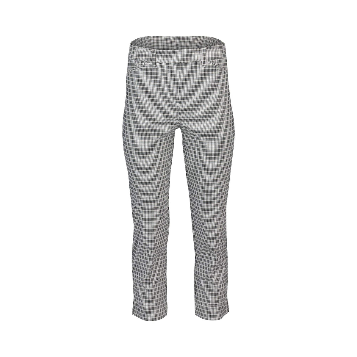 Vassalli’s Tint Pull On - Mini Check are gray checkered slim leg women’s pants with a high waist and ankle-length cut, designed for easy pull-on wear and shown against a white background.