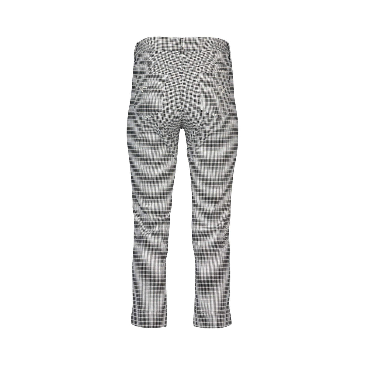 Back view of Vassalli Tint Pull On - Mini Check pants in gray with a white grid, featuring two back pockets and slim-fit legs, displayed on a plain white background.