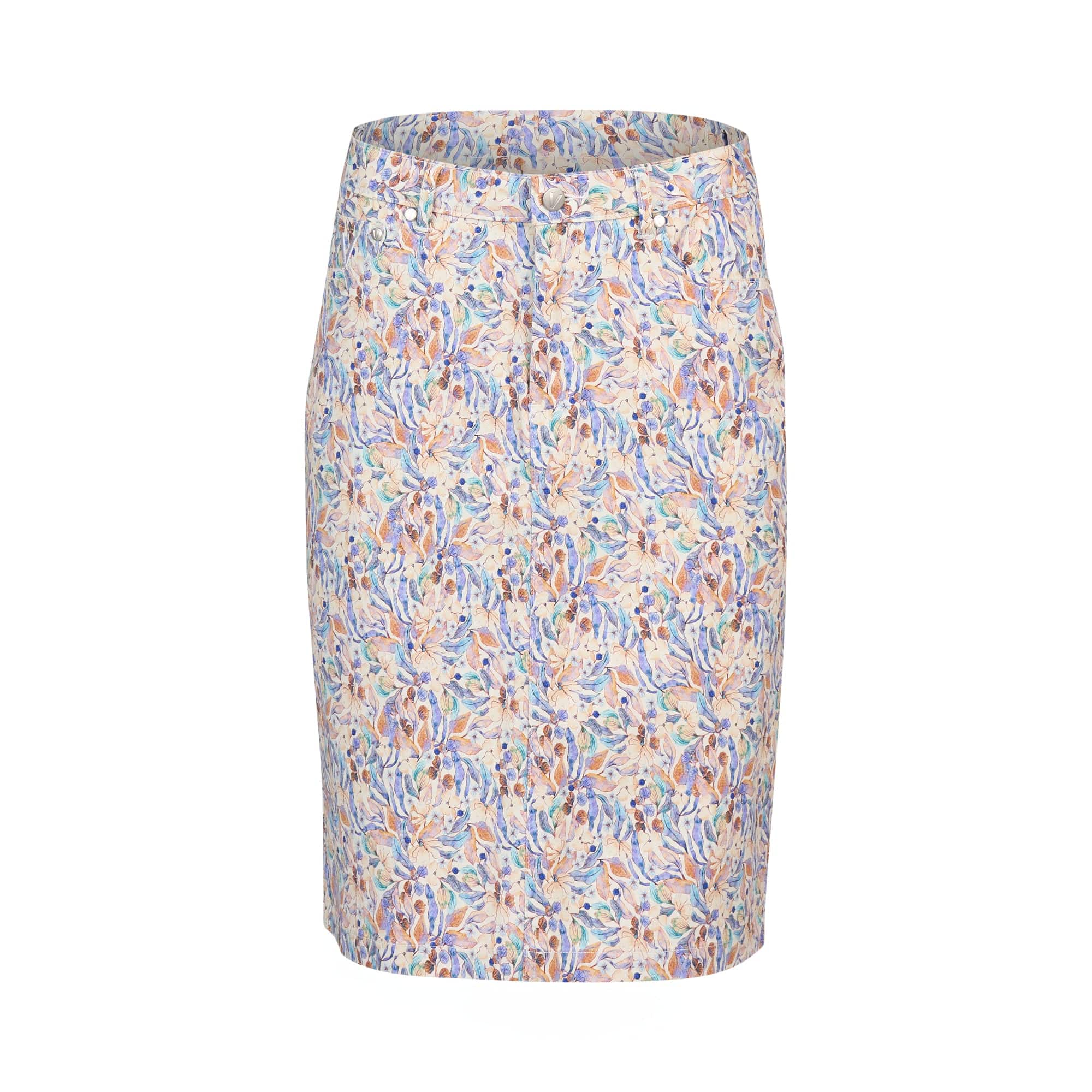The Vassalli Poppy Skirt - Amalfi Denim is a knee-length skirt with a fitted waist, made from stretch denim and featuring an all-over pastel floral pattern in pink, blue, purple, and beige on white.