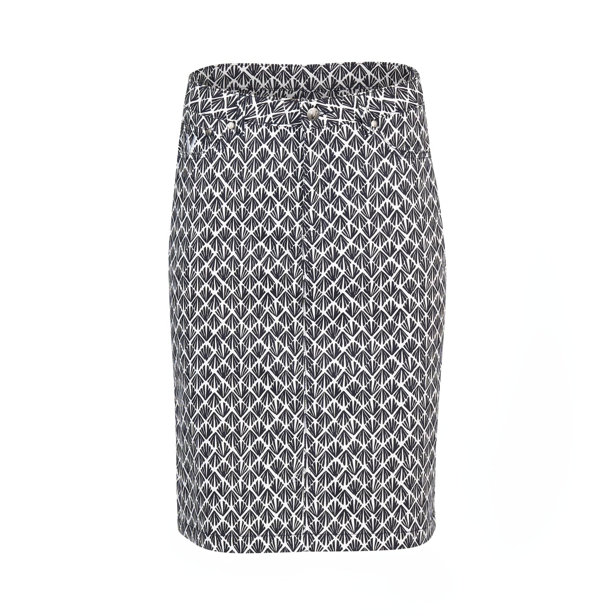 The Vassalli Poppy Lightweight Skirt - Fan features a black and white geometric print, knee-length cut, fitted waistband, and a straight silhouette in stretch fabric—ideal for everyday wear and shown on a white background.