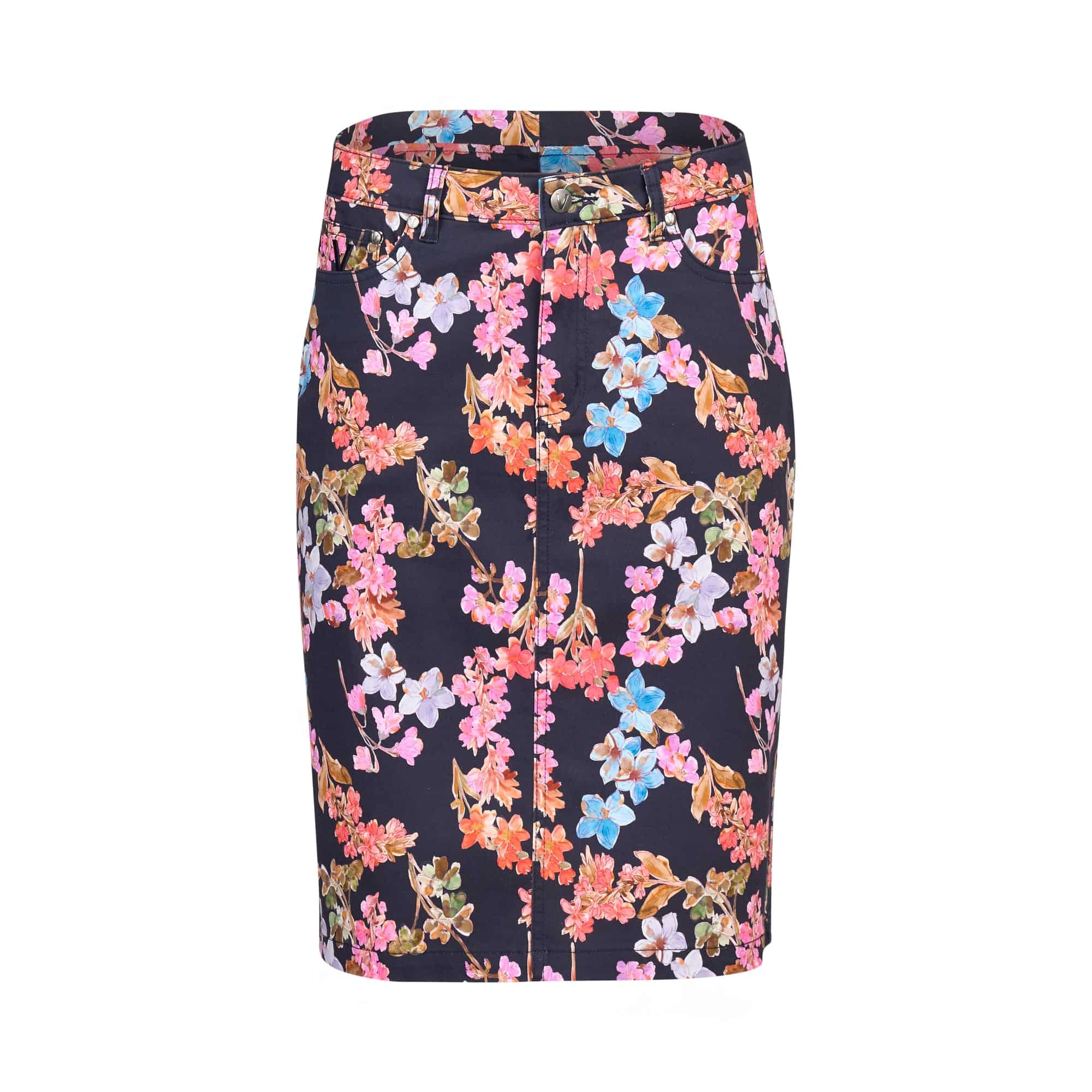 The Vassalli Poppy Skirt - Willa is a knee-length, high-waisted skirt in dark navy with a pink, orange, blue, and brown floral print. It features front pockets, belt loops, stretch fabric for comfort—ideal for everyday wear.