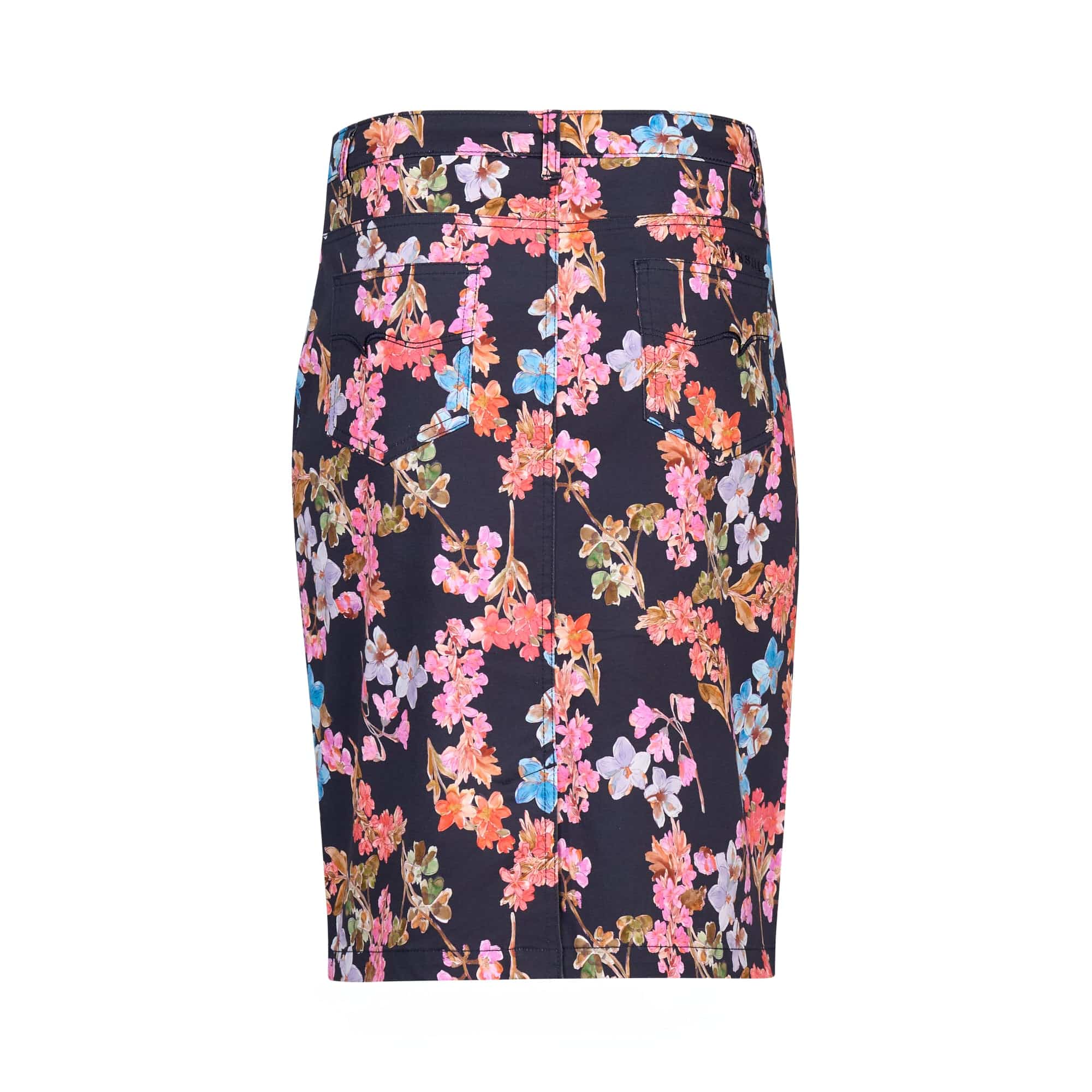 Straight-on view of the Vassalli Poppy Skirt - Willa, a high-waisted fitted skirt with a vibrant pink, orange, blue, and purple floral print on a dark background. Visible seams and a back zipper offer chic style for everyday wear.