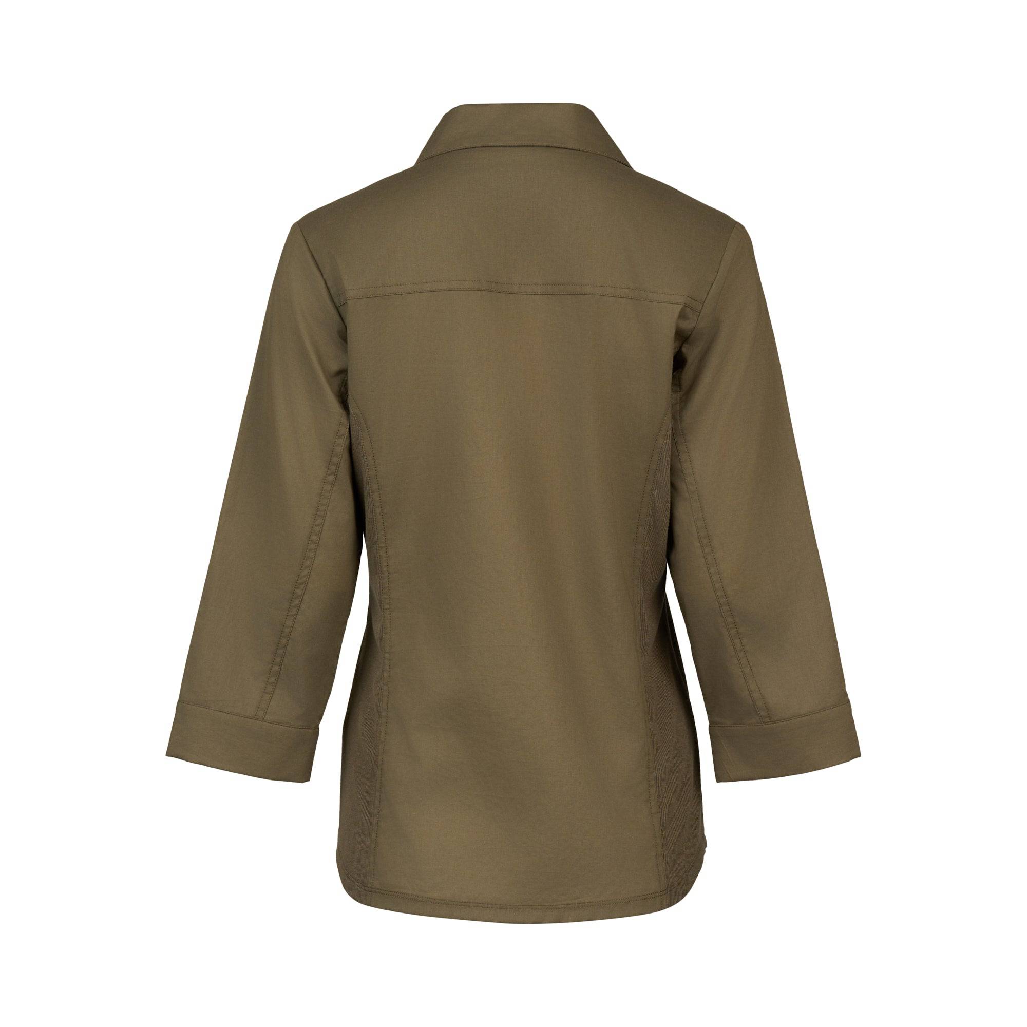 Back view of the Isla Shirt - Olive by Vassalli, featuring a slim fit, long sleeves, collar, and visible seam lines, shown against a plain white background.