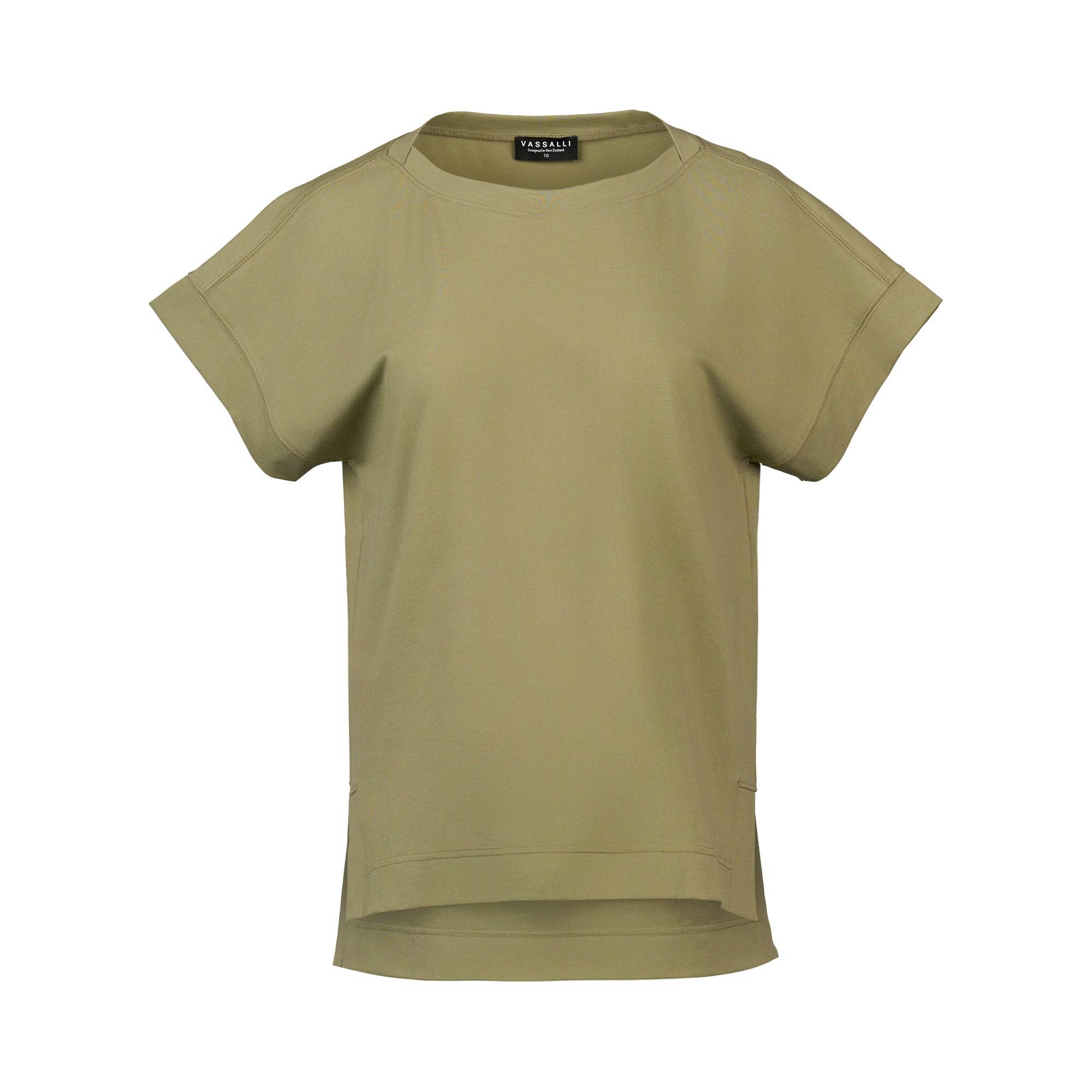 The Vassalli Thea Top in Sage is a relaxed-fit, short-sleeve drop-sleeve t-shirt, crafted from stretch cotton jersey with a crew neck and slightly longer back hem—shown on a white background.