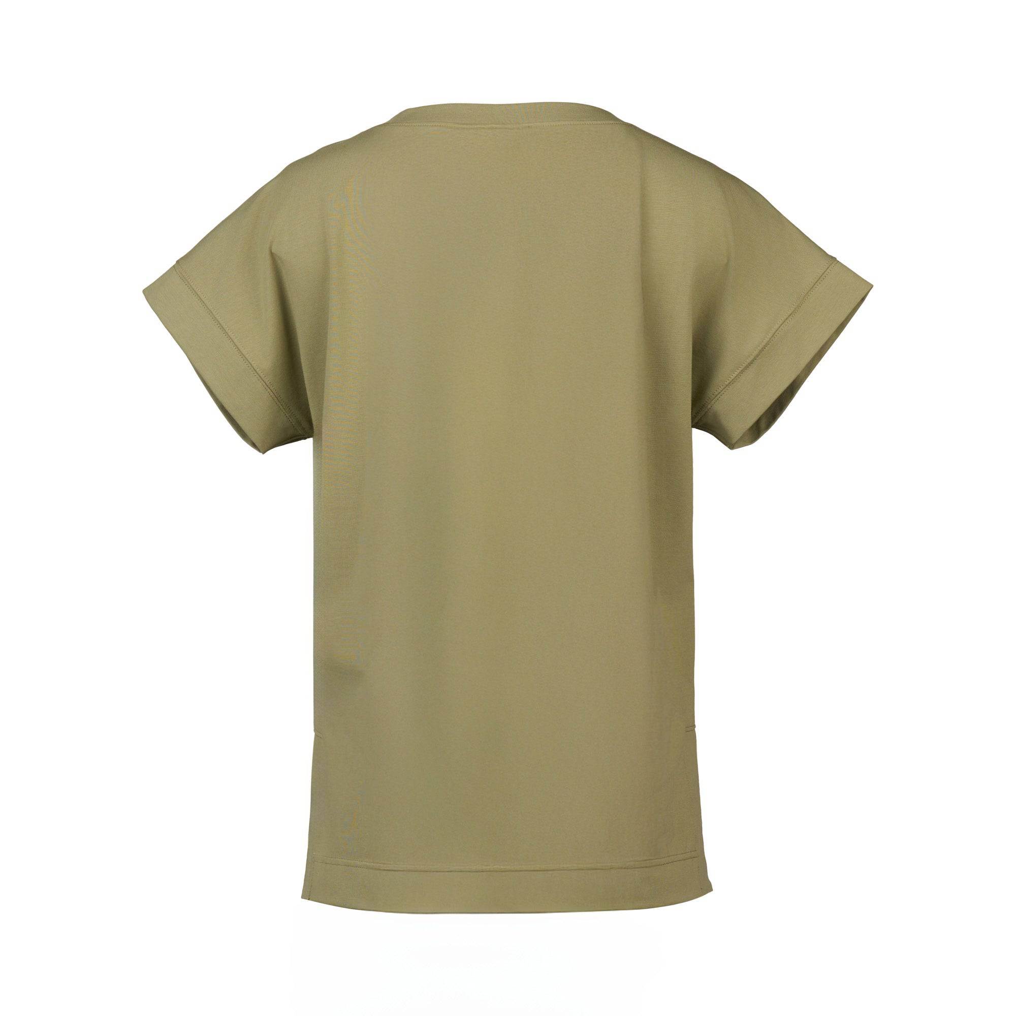 Back view of the Vassalli Thea Top in sage—a plain, short-sleeved stretch cotton jersey tee with folded cuffs, a boat neck, and straight hem—shown on a white background.