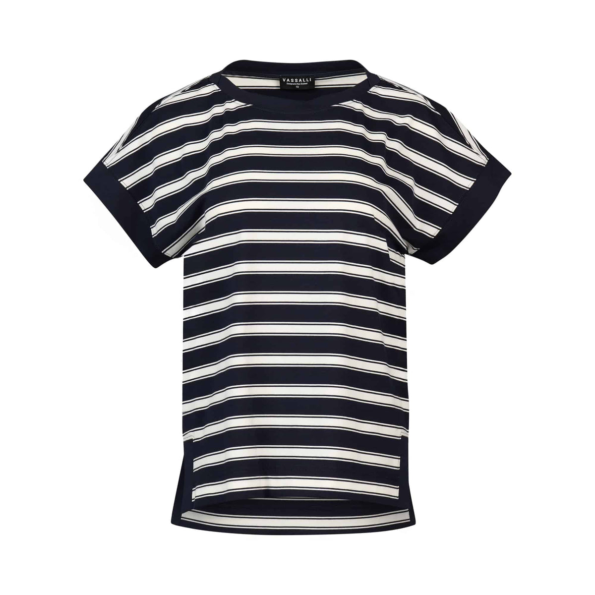 The Thea Top - Ink Stripe by Vassalli features navy and white stripes, a crew neckline, stretch cotton fabric, and a relaxed fit.