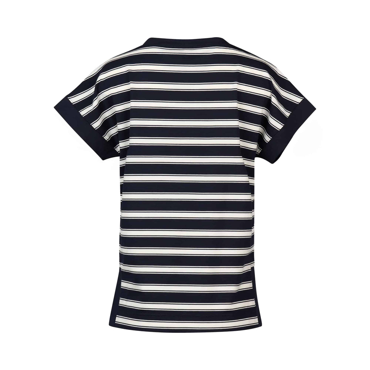 The Vassalli Thea Top - Ink Stripe is a short-sleeved t-shirt with horizontal black and white stripes, black trim on the sleeves and collar, and made from soft stretch cotton. Shown from the back.