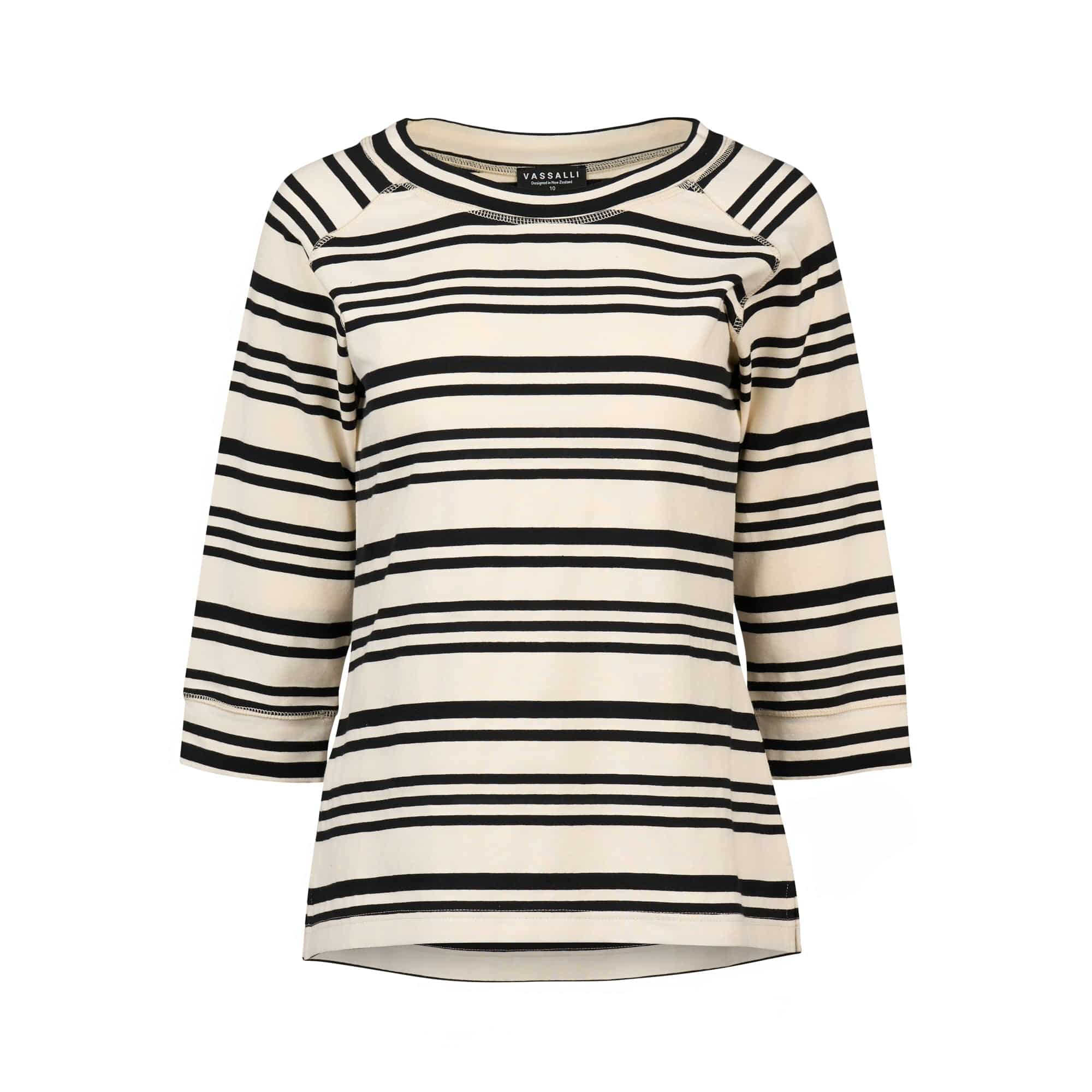 The Vassalli Canyon Top in Ecru/Black Stripe features a relaxed fit, boat neck, and black horizontal stripes on cream cotton jersey, finished with a gently curved hem.