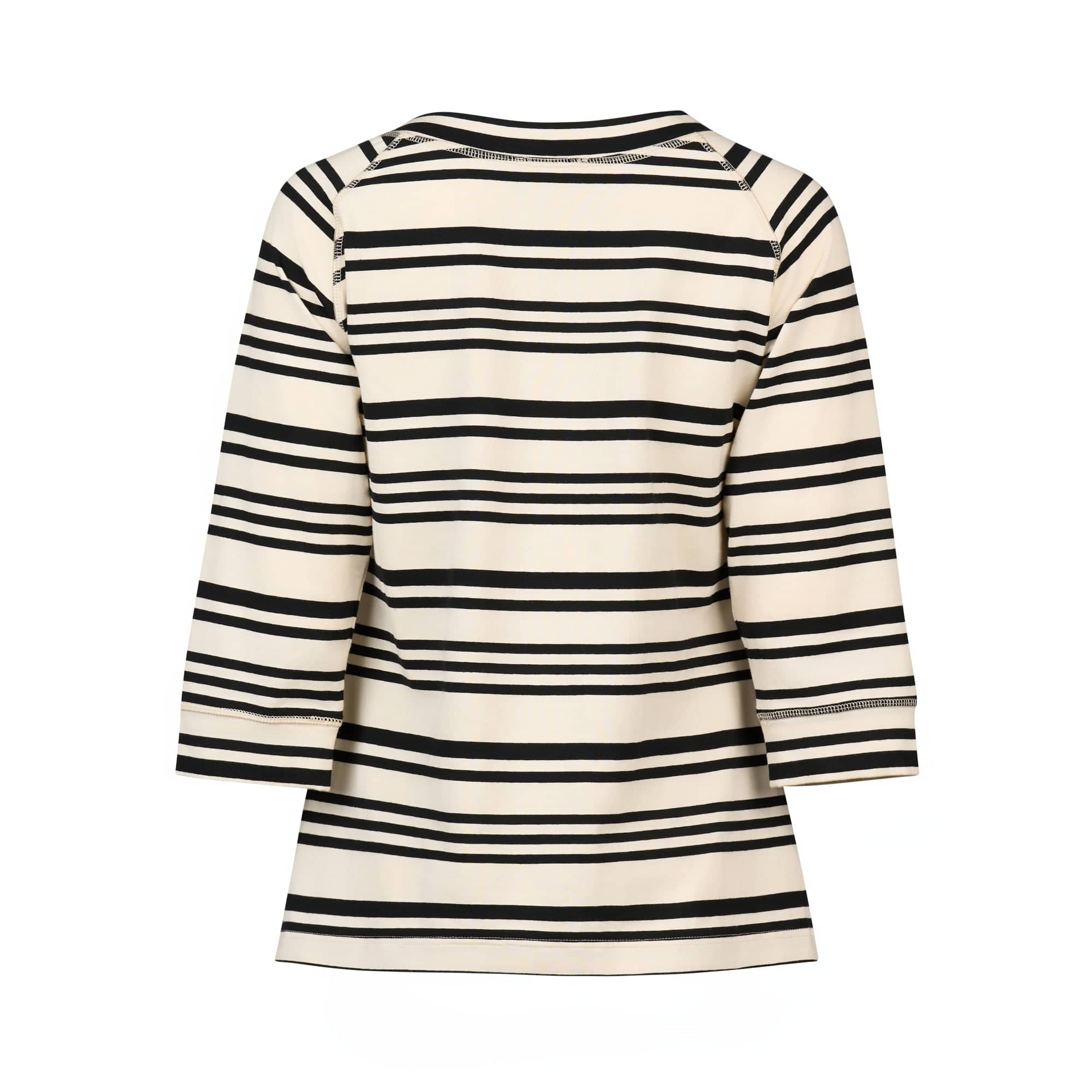 The Vassalli Canyon Top in Ecru/Black Stripe features a cream cotton jersey with black horizontal stripes, a boat neck, relaxed fit, and is shown from the back against a white background.