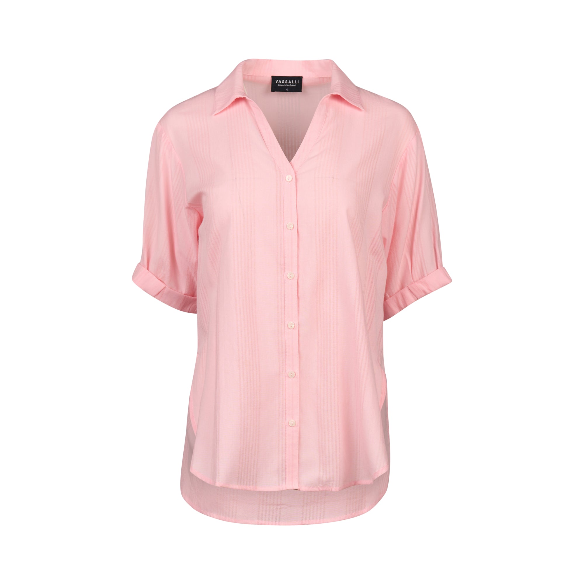Vassalli Shirt - Pink Stripe: Light pink striped button-up with collar and short rolled sleeves in a relaxed fit, shown on a plain white background.