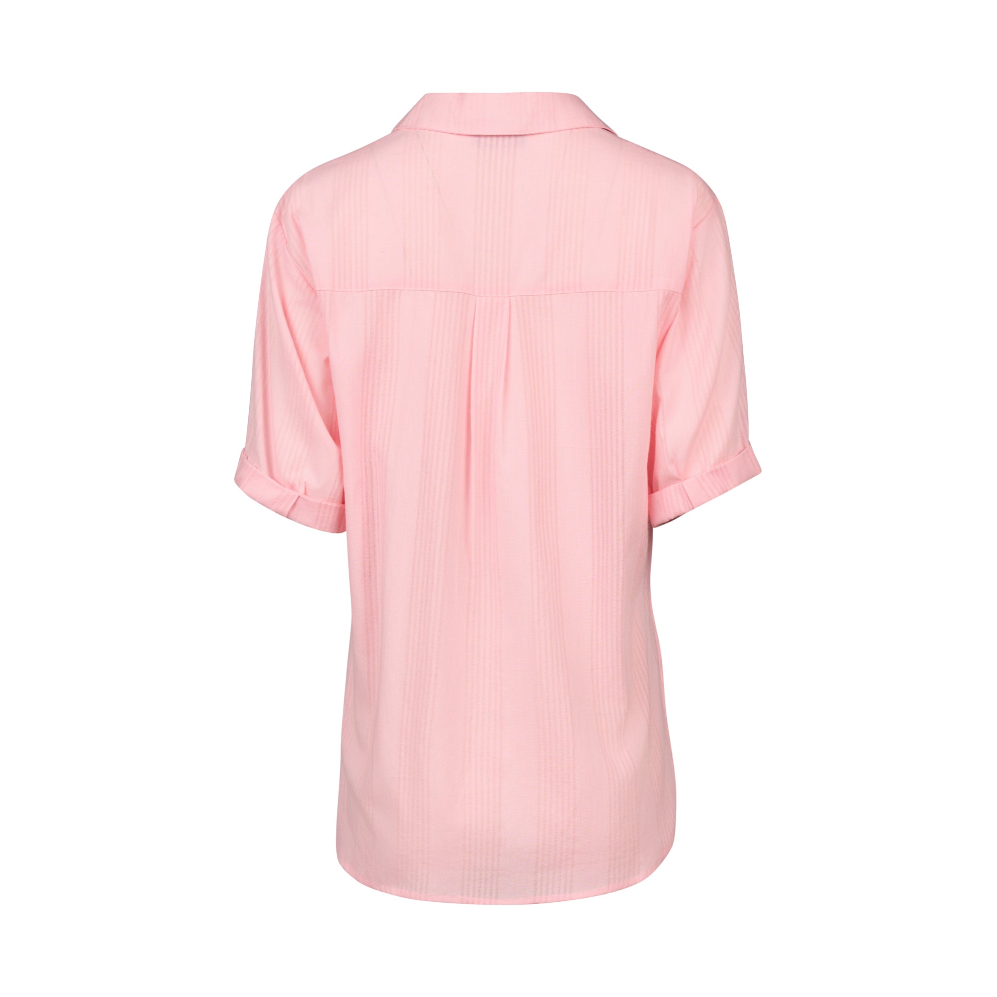 Back view of Vassalli's Shirt - Pink Stripe, a light pink cotton shirt with short sleeves, rolled cuffs, subtle vertical stripes, collared neckline, upper back seam detail, and a relaxed fit.