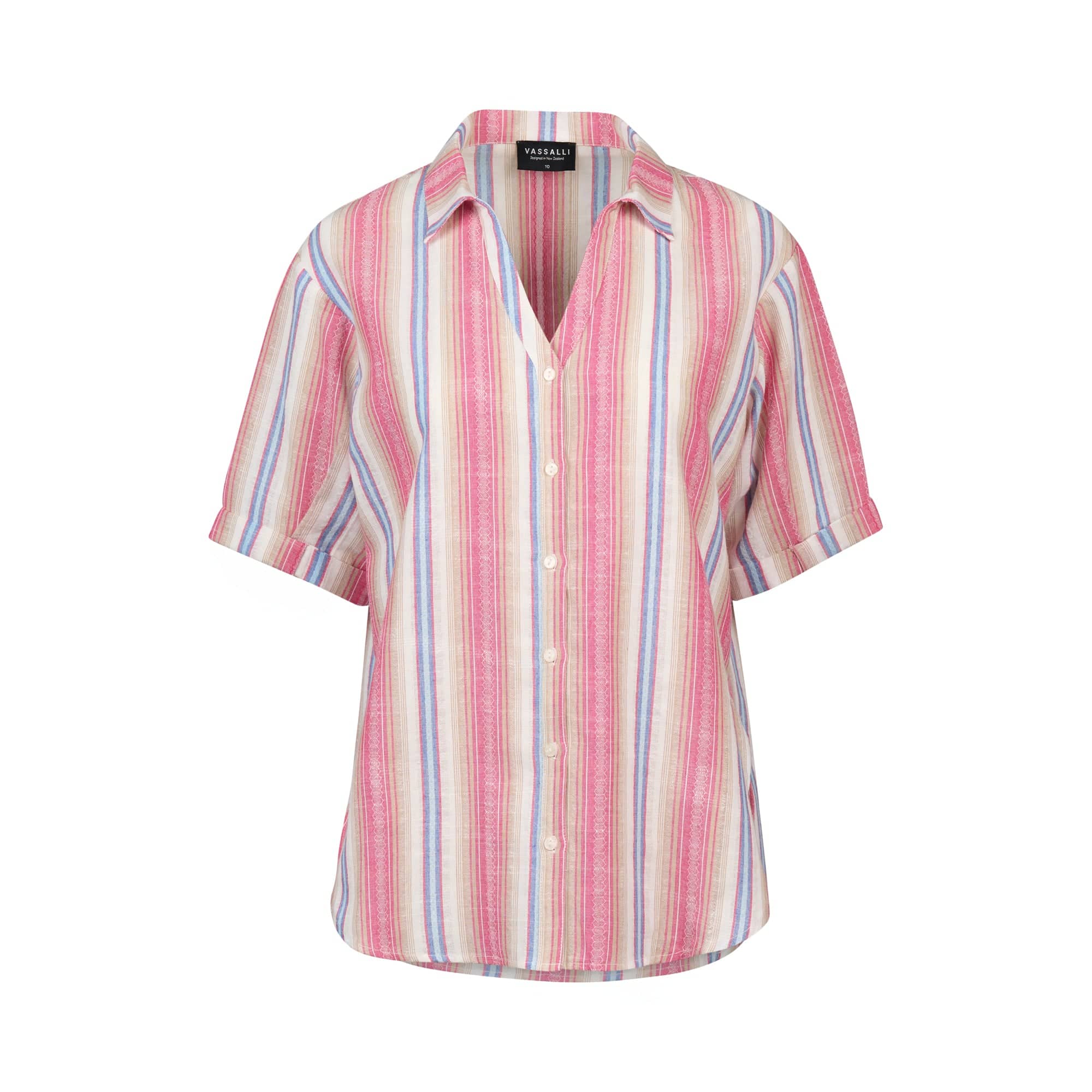 The Vassalli Shirt - Raspberry Stripe is a soft cotton, short-sleeve collared shirt with vertical pink, purple, blue, and white stripes. Designed for a relaxed fit, it features a pocketless front for a clean look.