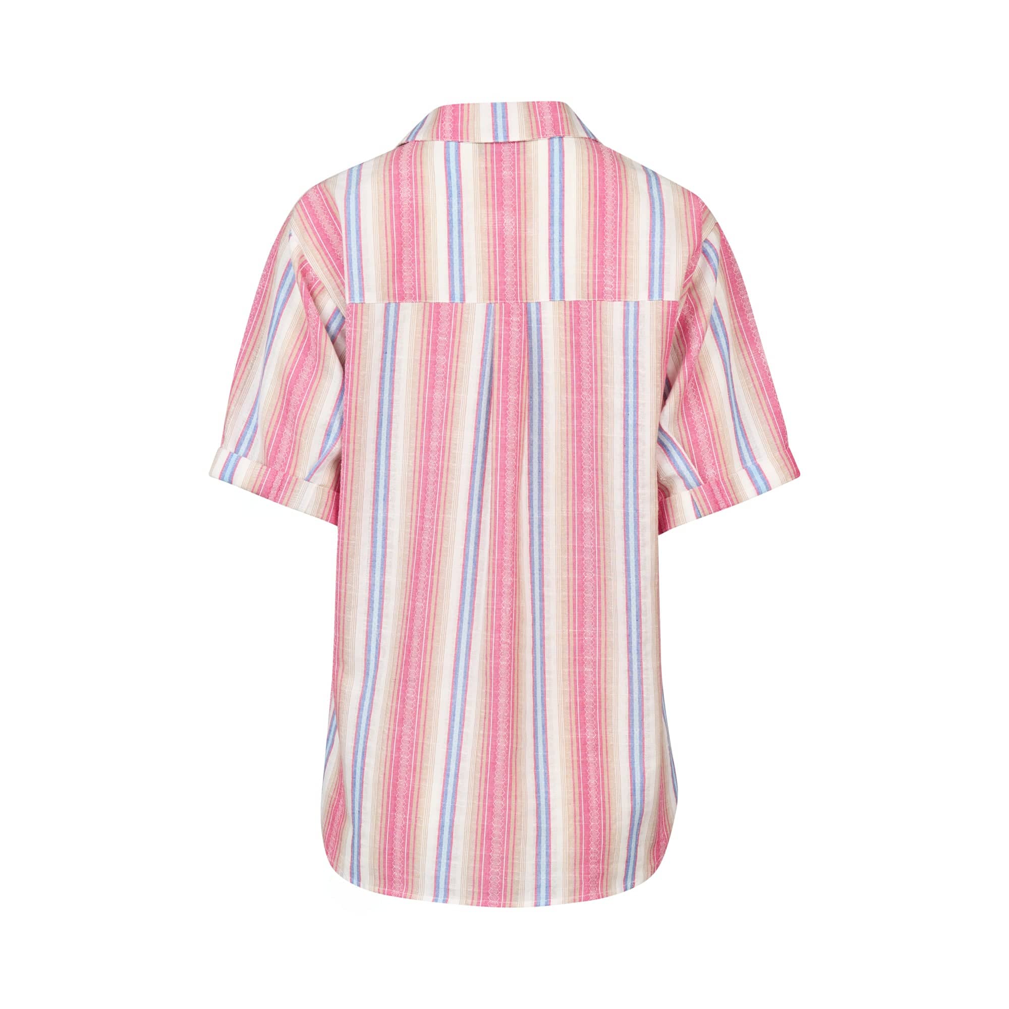 Back view of the Vassalli Shirt - Raspberry Stripe, a cotton short-sleeve collared shirt with vertical pink, white, blue, and yellow stripes. Features a relaxed fit and classic collar for effortless style.