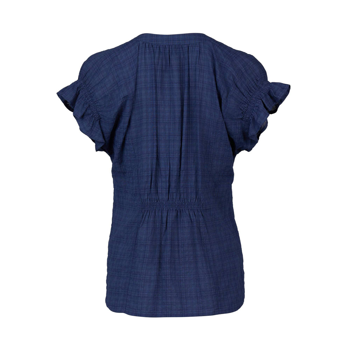 The Evelyn Top - Navy by Vassalli is shown from the back, highlighting its short ruffled sleeves, gathered shoulders and waist, and subtle checkered texture. Displayed against a plain white background.