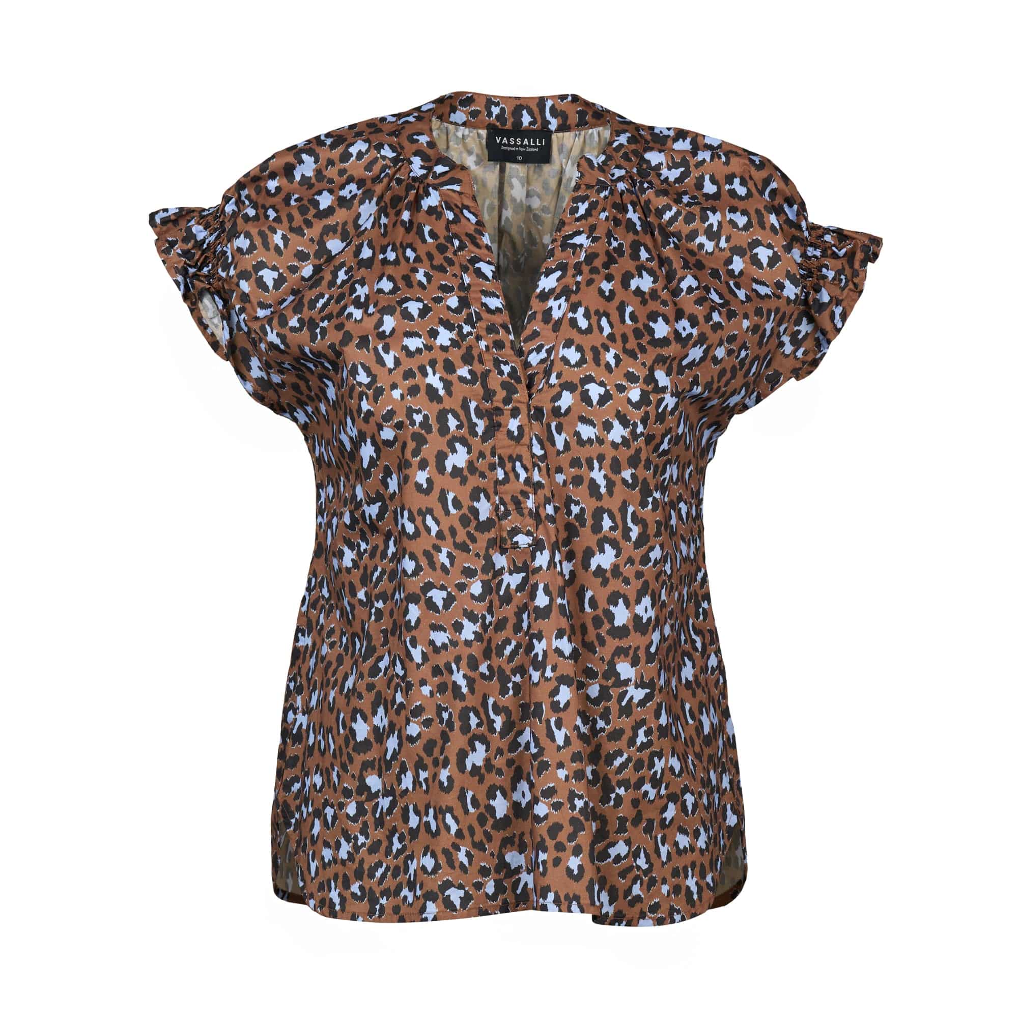 The Vassalli Evelyn Top - Nala is a stylish brown cotton blouse with blue and black leopard print, a V-neck, and ruffled short sleeves for a modern look.