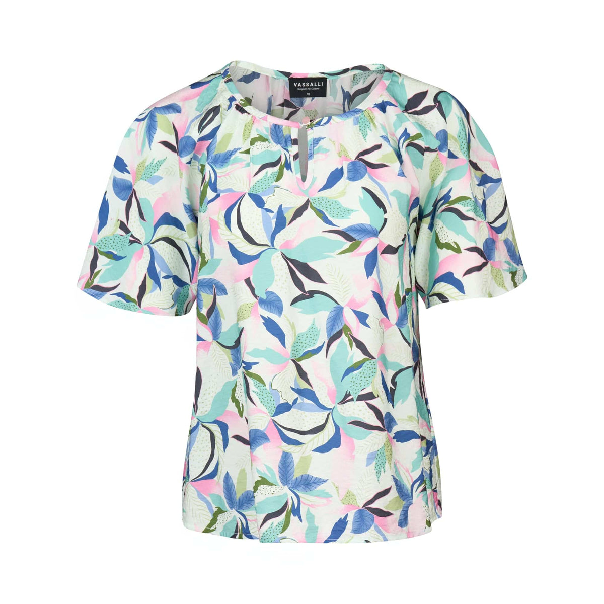 The Vassalli Floaty Sleeve Top - Soleil is a lightweight rayon-nylon women’s blouse with short sleeves, a round neckline, and a colorful blue, green, purple, and pink leaf pattern on white.