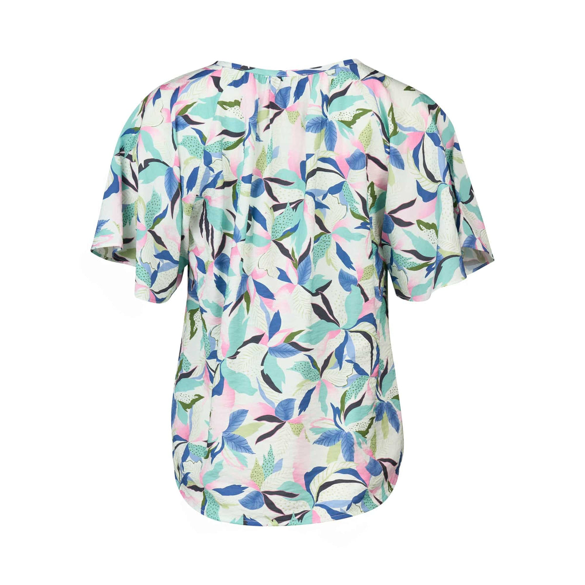 The Vassalli Floaty Sleeve Top - Soleil is a lightweight rayon-nylon top with short sleeves, showcasing a colorful leaf pattern in blue, green, pink, and purple. Displayed from the back against a white background.