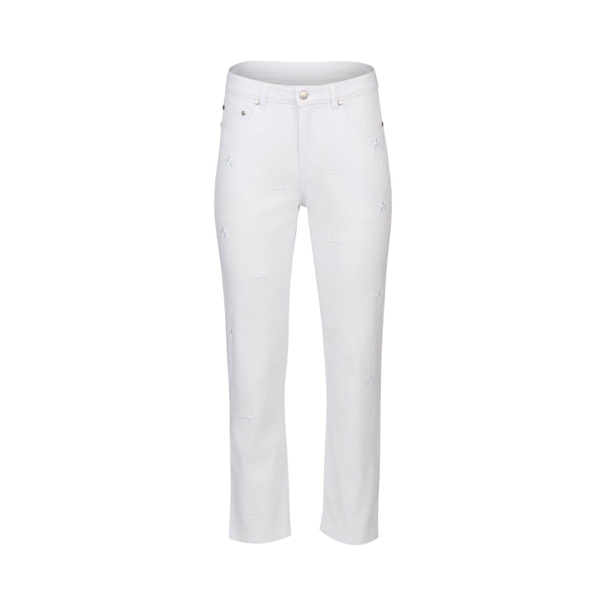The Vassalli Onya Jean in white denim features a mid-rise straight-leg fit, front button and zip closure, subtle small embellishments, and delicate star embroidery. Shown on a plain white background.