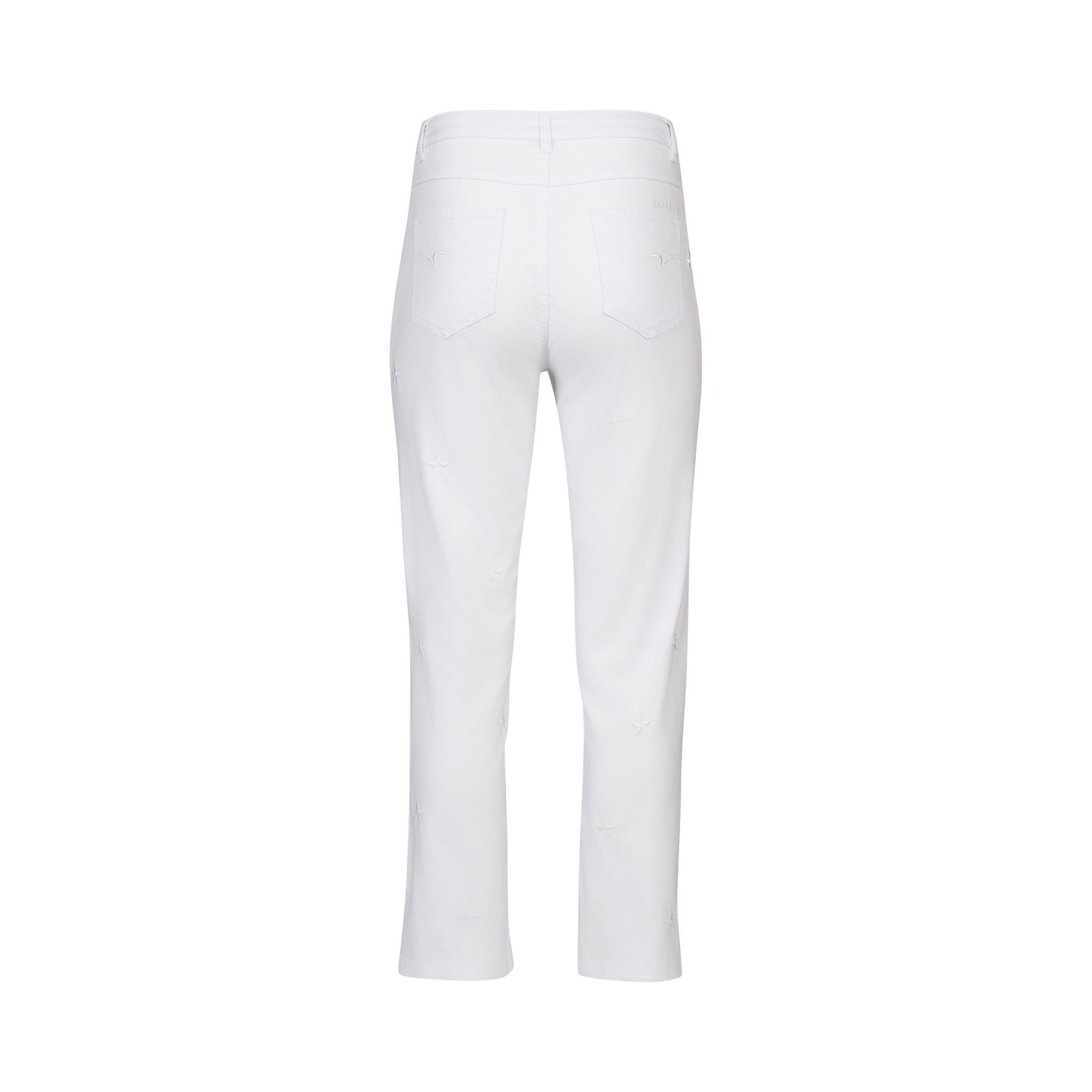Back view of Vassalli's Onya Jean in white denim, featuring a straight-leg cut, ankle grazer length, two rear pockets, and subtle star embroidery for a unique touch. Clean, minimal design shown against a white background.