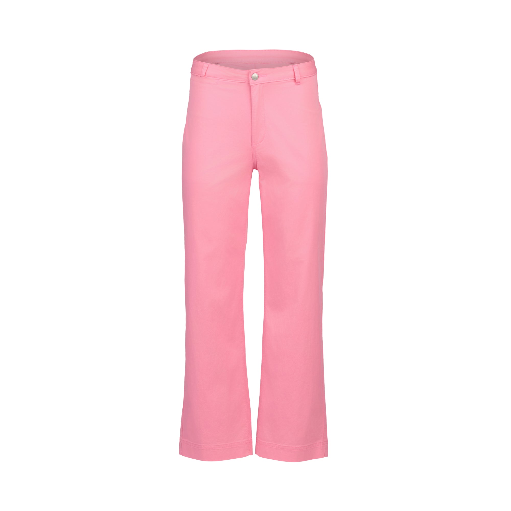 The Vassalli Wide Leg Jean - Jam is a high-waisted, straight-leg pink pant in a cotton-elastane blend with front button and zipper closure, belt loops, and a clean, pattern-free design.