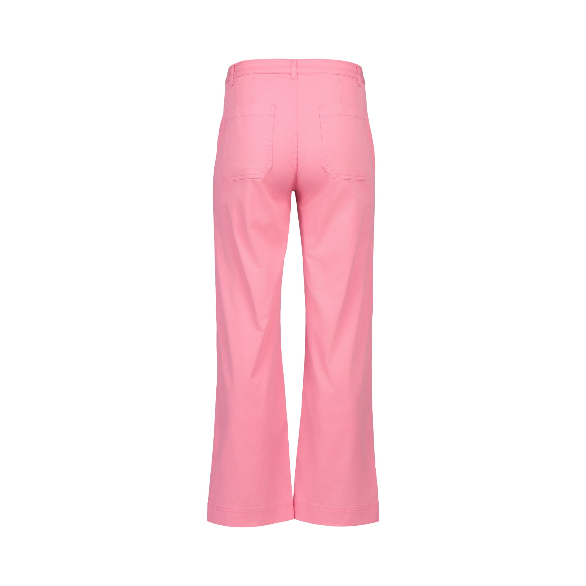 Back view of Vassalli Wide Leg Jean - Jam, high-waisted with wide legs, two back pockets, in pink cotton-elastane blend, shown on a white background.