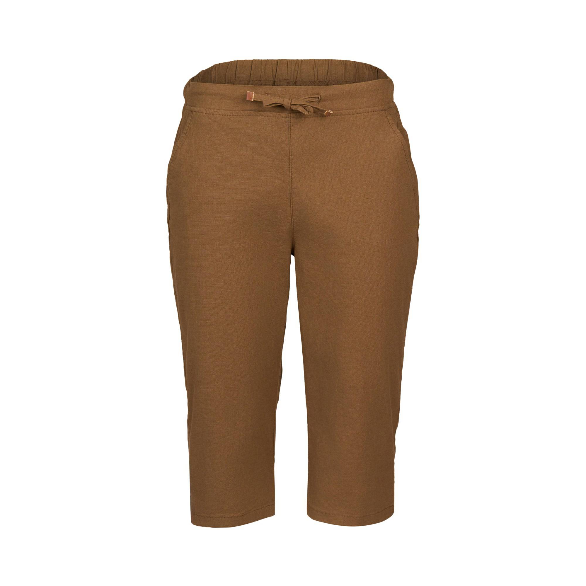 The Vassalli Dane Pant in Pecan is made from a stretch cotton-viscose blend with an elastic waistband, front drawstring tie, and side pockets. Shown against a plain white background.