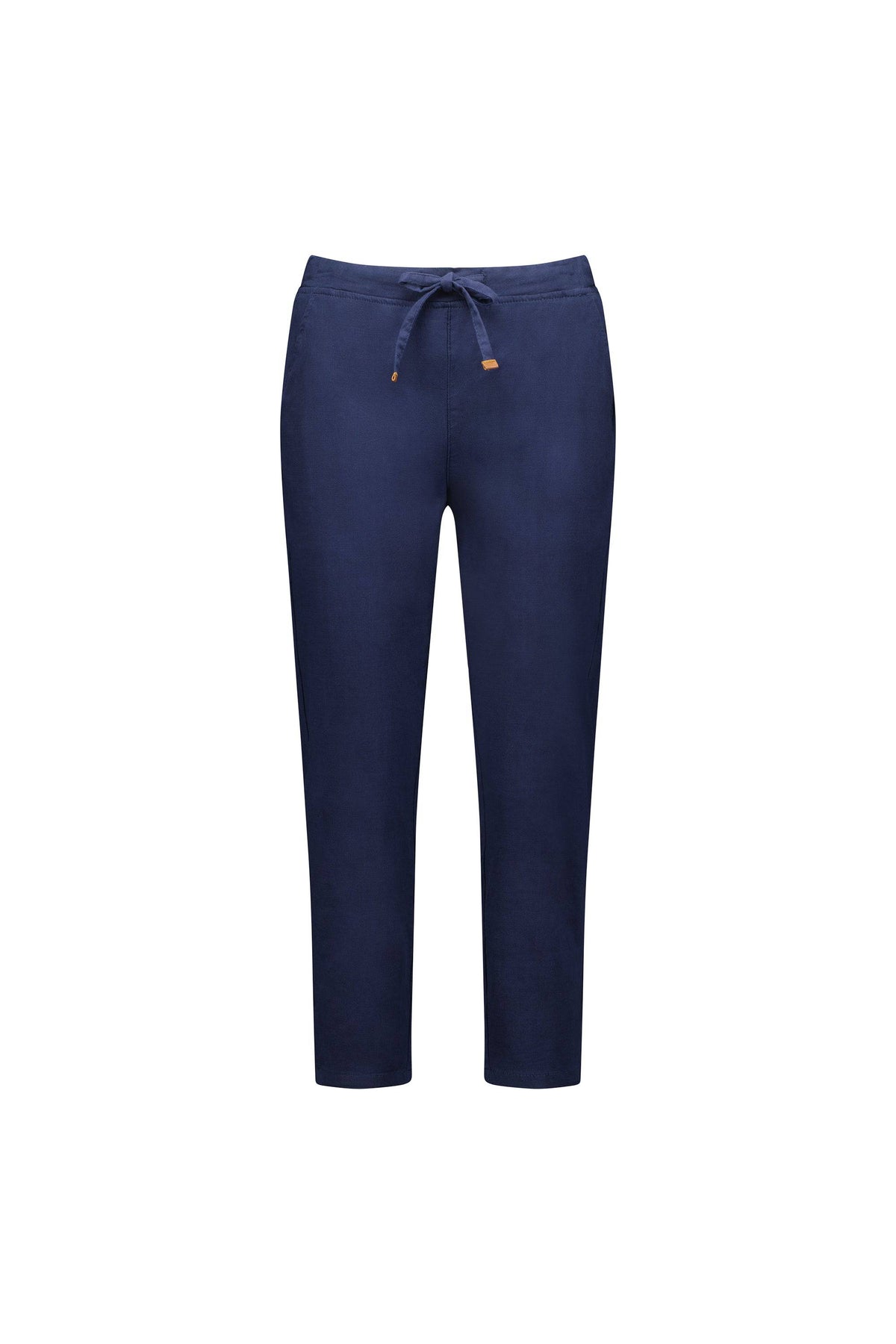The Vassalli Denver 7/8 Pant in Ink features a straight-leg, ankle-length cut, an elastic waistband with drawstring, and is crafted from a soft cotton blend. Shown against a plain white background.