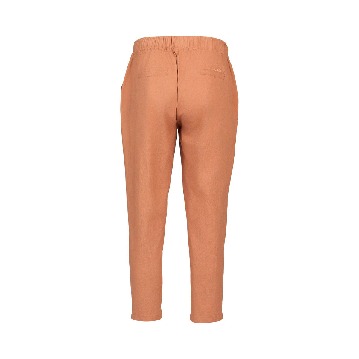 Back view of the Vassalli Denver 7/8 Pant in 'Spice', featuring a peach hue, straight-leg fit, soft cotton blend, elastic waistband, and two back welt pockets, displayed against a white background.