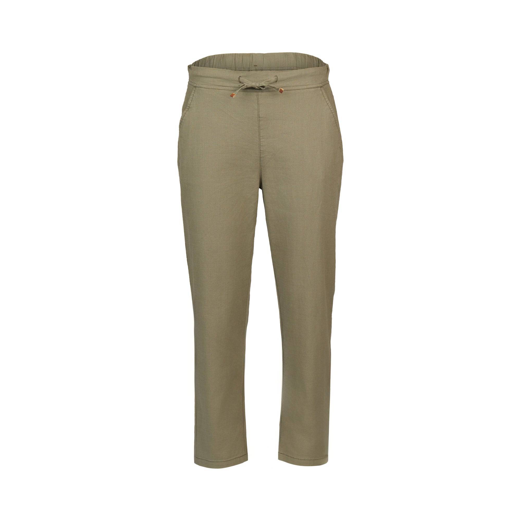 The Vassalli Henley 7/8 Pant - Army features an olive green linen slim-leg design with a relaxed fit, elastic waistband, front pockets, and drawstring tie at the waist. Shown on a white background.