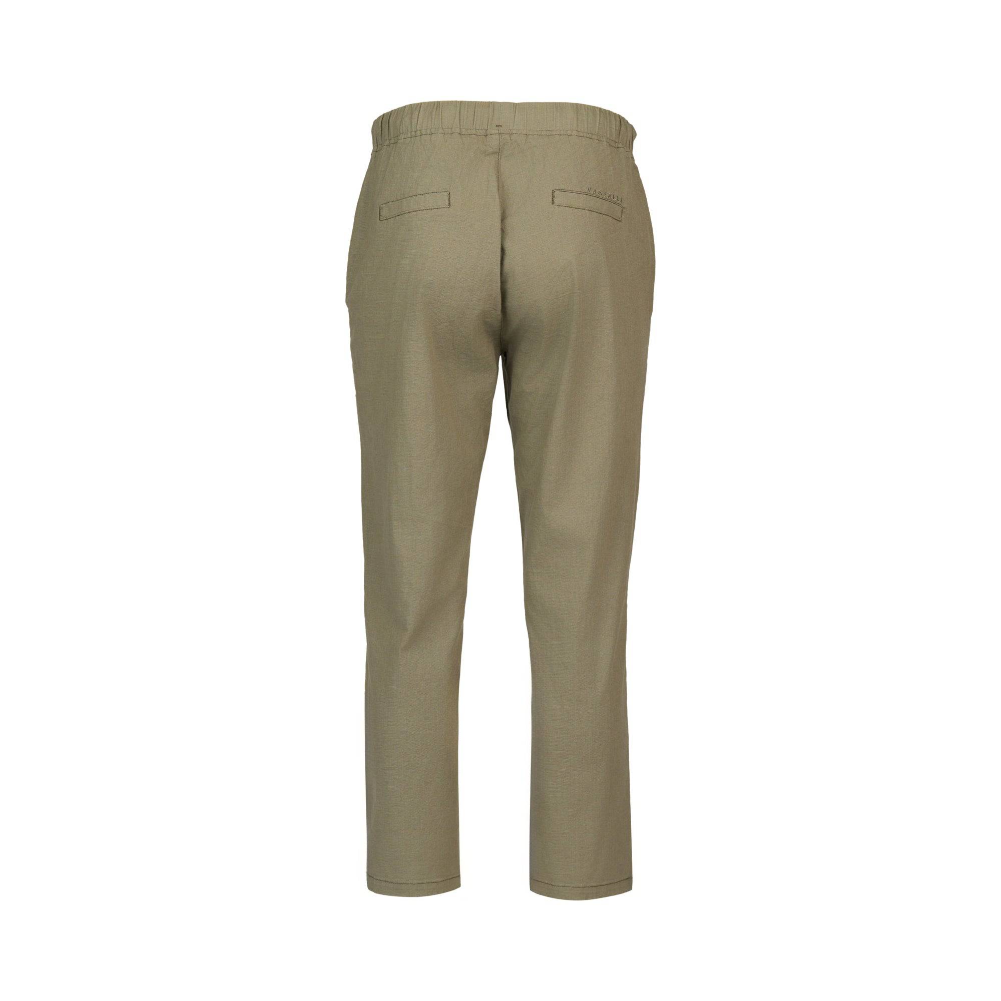 Back view of Vassalli’s Henley 7/8 Pant in Army, featuring a slim elastic waistband, two welt pockets, and a straight-leg fit in stretch fabric, shown against a white background.