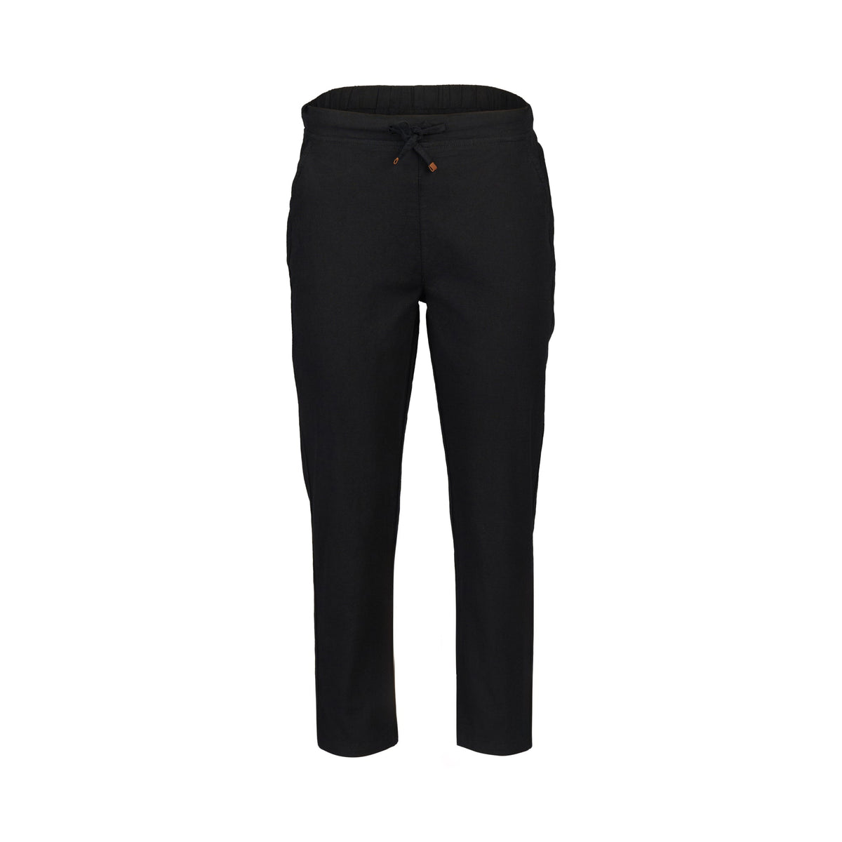 The Vassalli Henley 7/8 Pant in black features a slim leg, elastic waistband with drawstring, and is crafted from a cotton-viscose stretch fabric. Displayed against a white background.