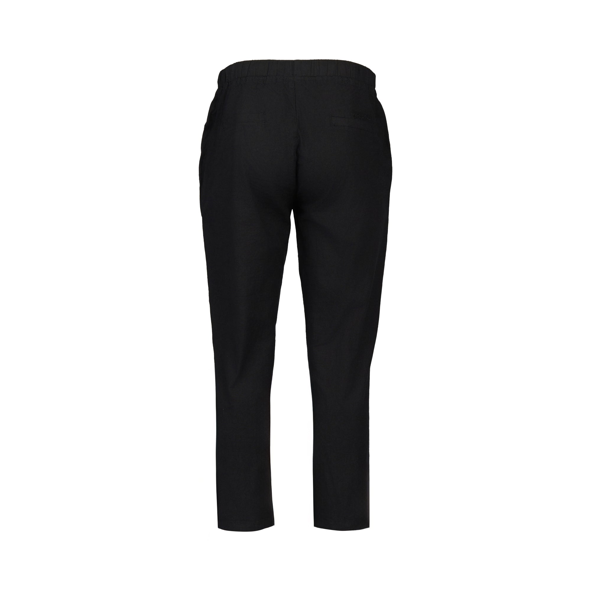 Back view of the Vassalli Henley 7/8 Pant in black, featuring a cotton-viscose stretch fabric, elastic waistband, straight legs, and two side pockets, shown on a plain white background.