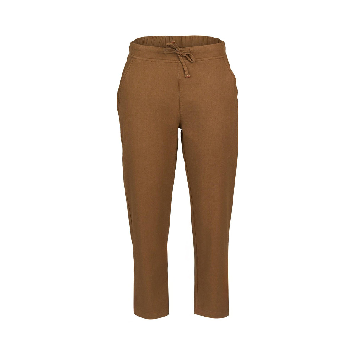 The Vassalli Henley 7/8 Pant in Pecan features a high-waisted, straight-leg design with an elastic waistband and drawstring, stretch fabric for comfort, and side pockets, shown on a plain white backdrop.
