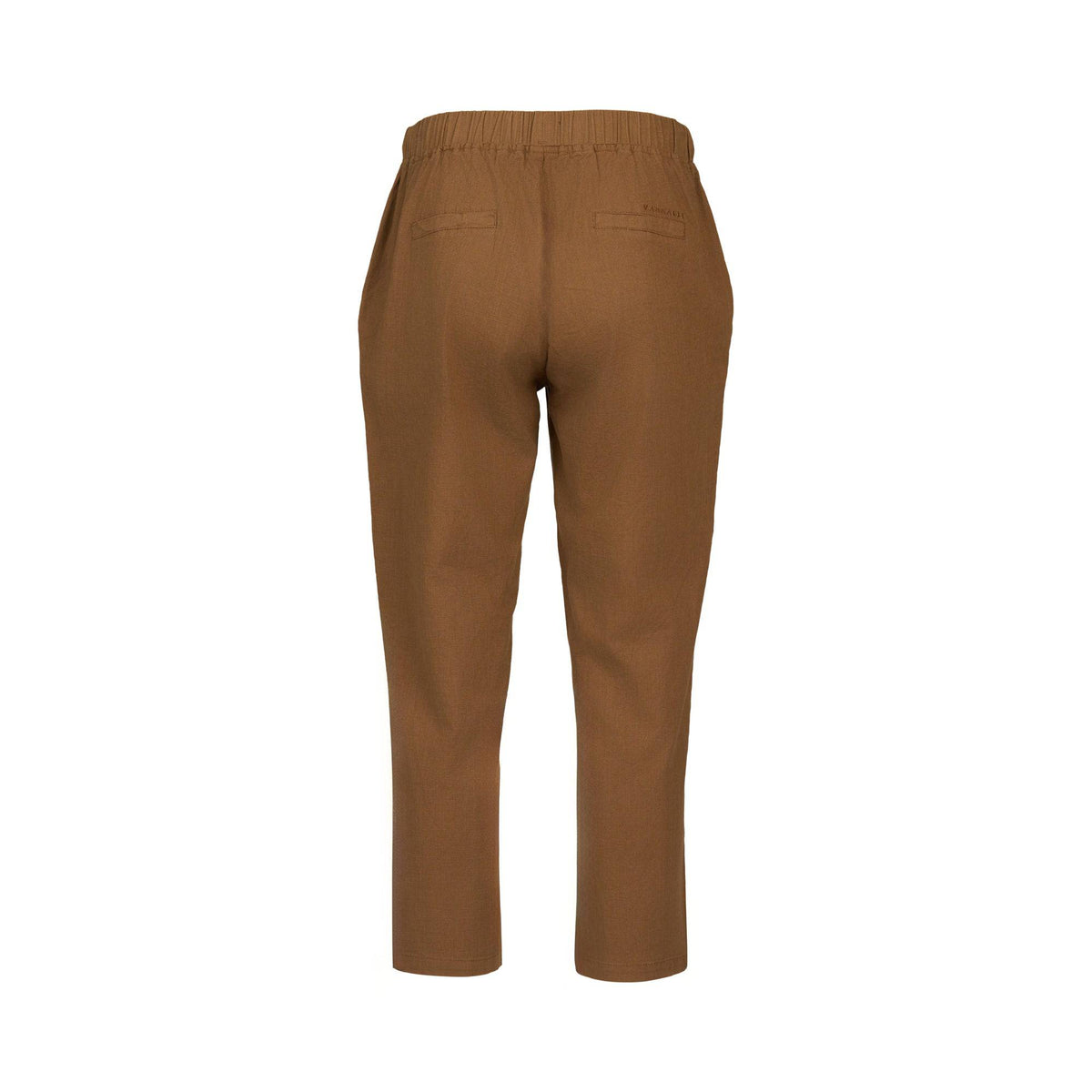 The Vassalli Henley 7/8 Pant in Pecan is shown from the back on a plain white background, highlighting its elastic waistband, two welt pockets, and straight leg cut made from comfortable stretch fabric.