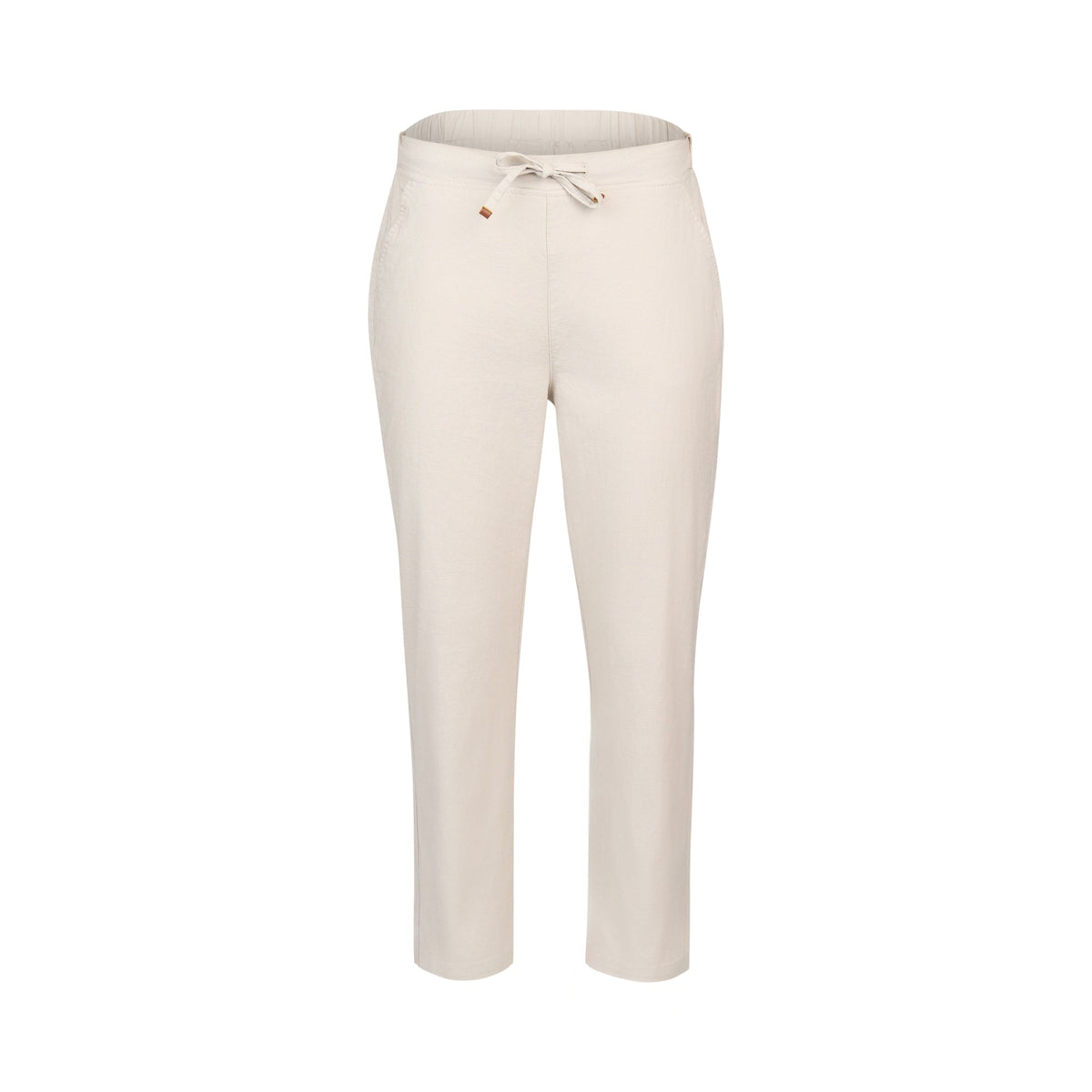 The Vassalli Henley 7/8 Pant in Stone features a relaxed fit, straight legs, elastic waistband, and side pockets, shown against a plain white background.