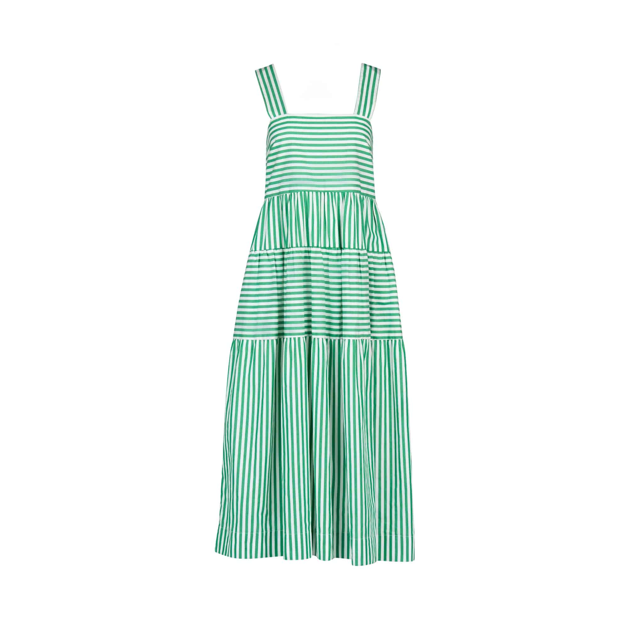 The Vassalli Tiered Dress - Clover Stripe features a sleeveless, ankle-length silhouette with wide straps and green and white clover stripe patterns arranged both horizontally and vertically.