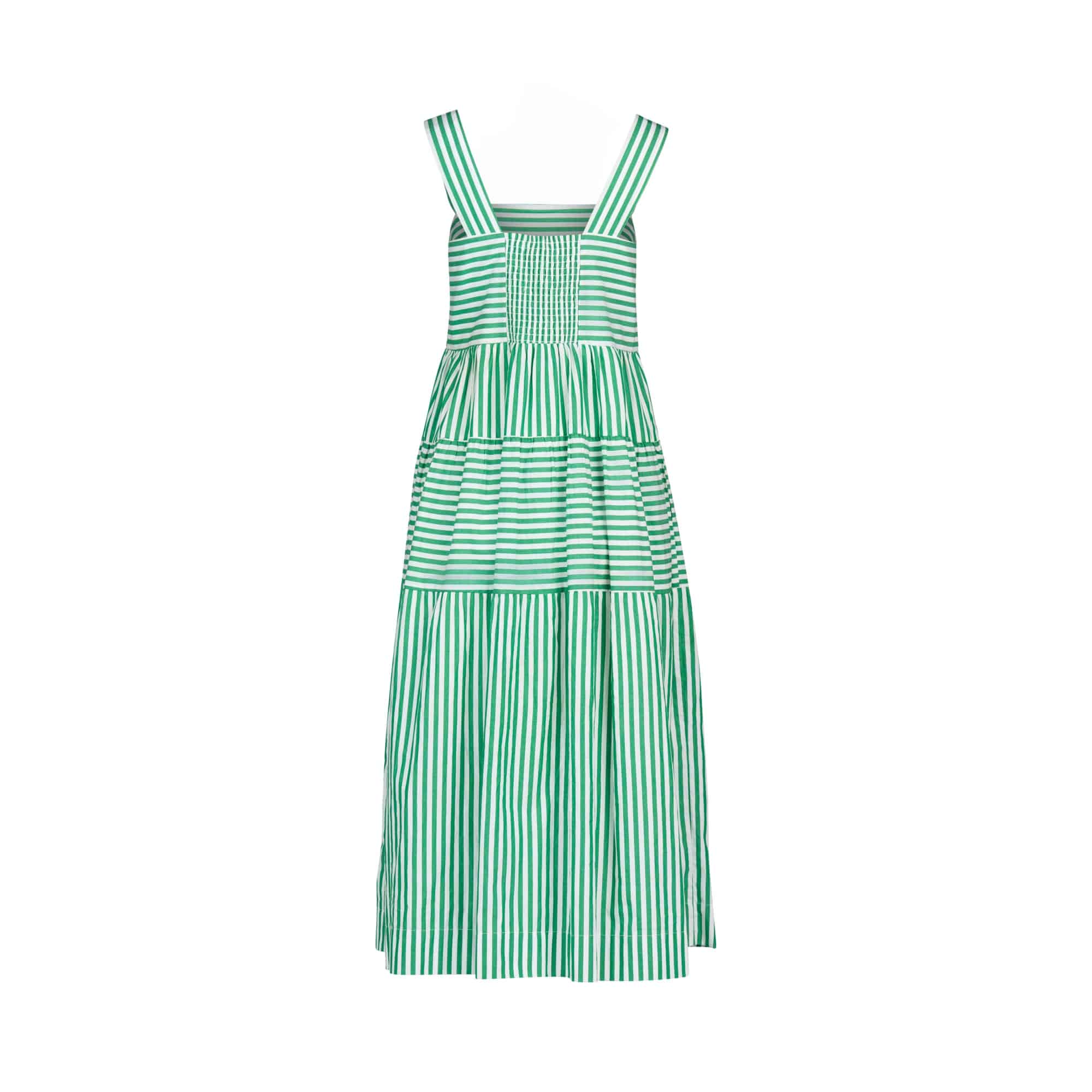 The Vassalli Tiered Dress - Clover Stripe features green and white stripes, is sleeveless with wide shoulder straps, and has a gathered skirt, displayed on a white background.
