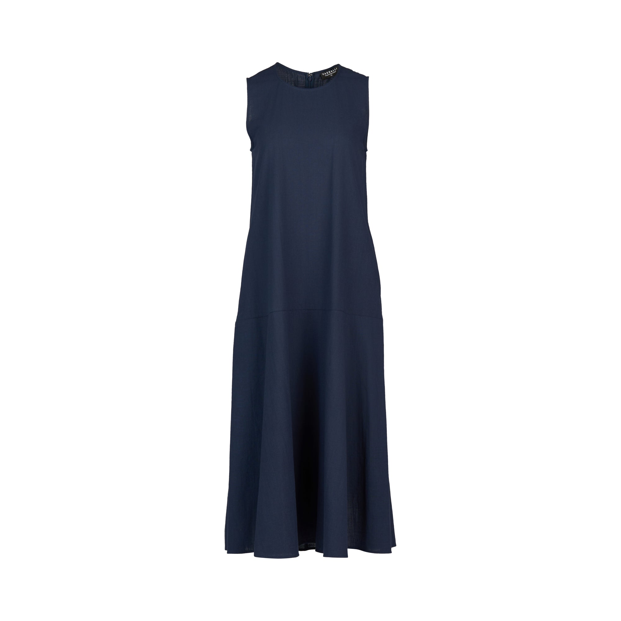 The Vassalli Sleeveless Dress - Ink is a navy blue, midi fit-and-flare dress with a high neckline and relaxed, flowing fit, shown on a plain white background.