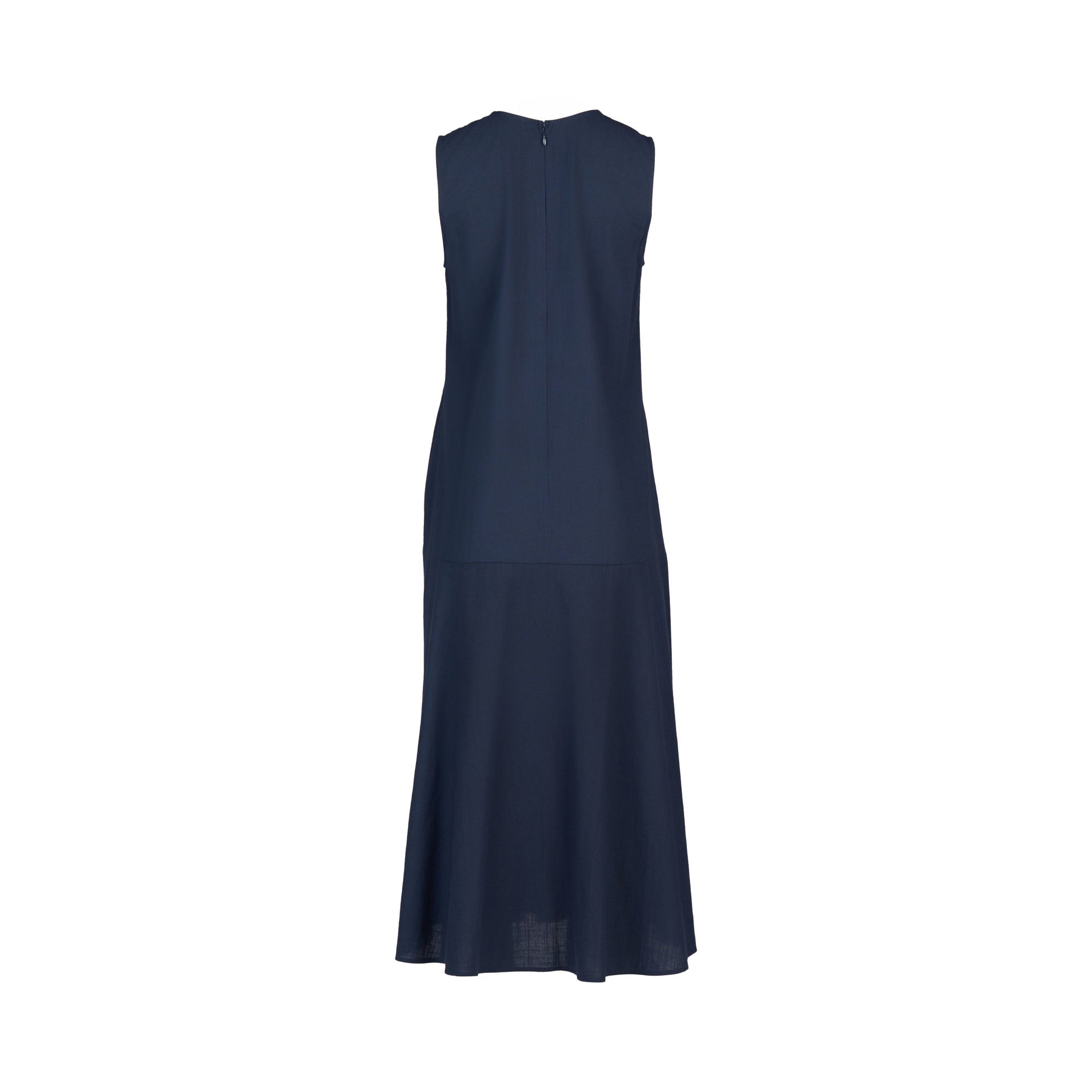 The Vassalli Sleeveless Dress - Ink is shown from the back. This navy, 100% cotton fit-and-flare dress features a loose fit, flared hem, lower skirt seam detail, and is displayed on a plain white background.